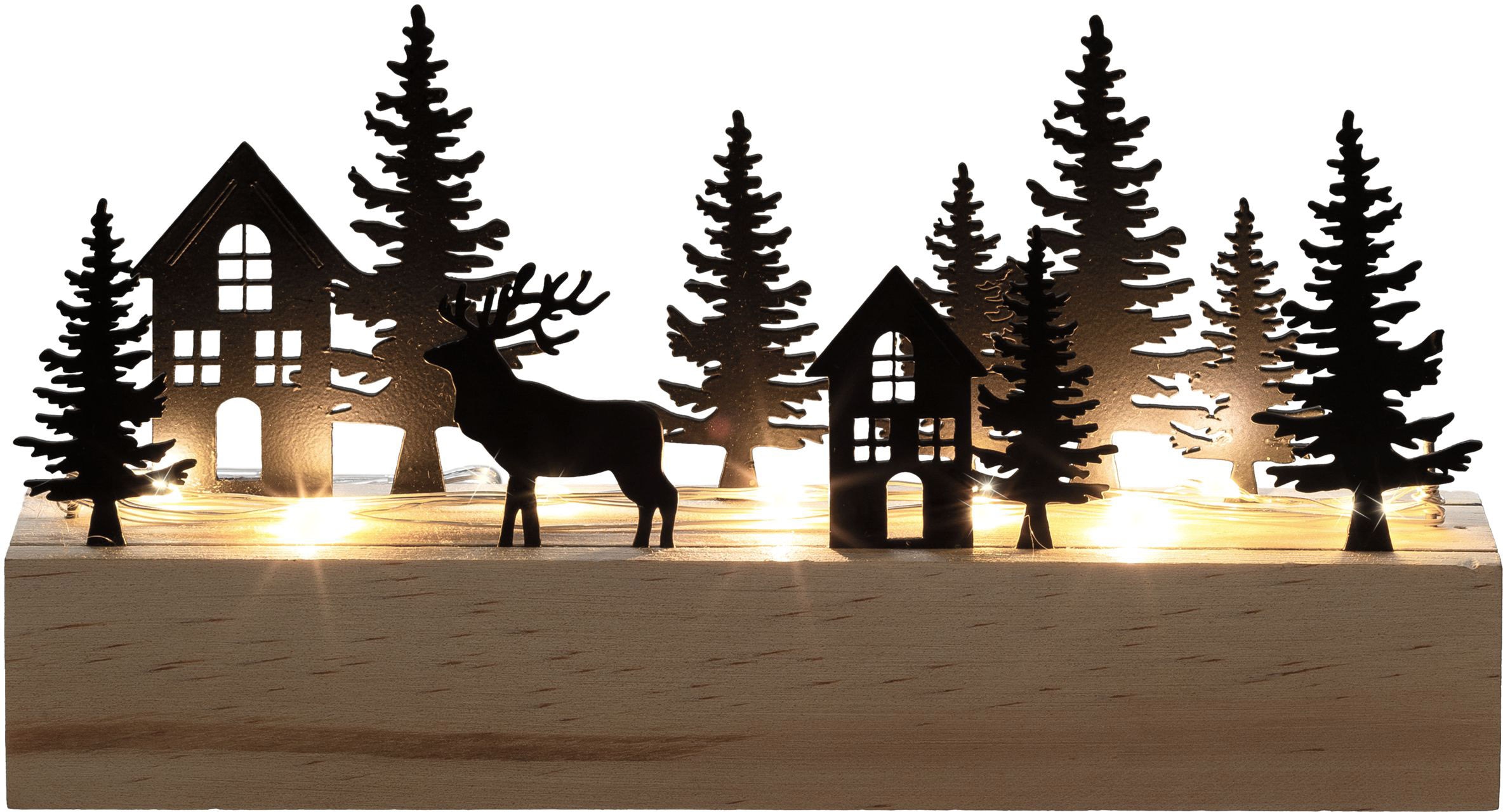 Creativ light Weihnachtsszene "Weihnachtsdeko mit LED-Beleuchtung", Landschaft mit Tannen, Häusern und Hirsch