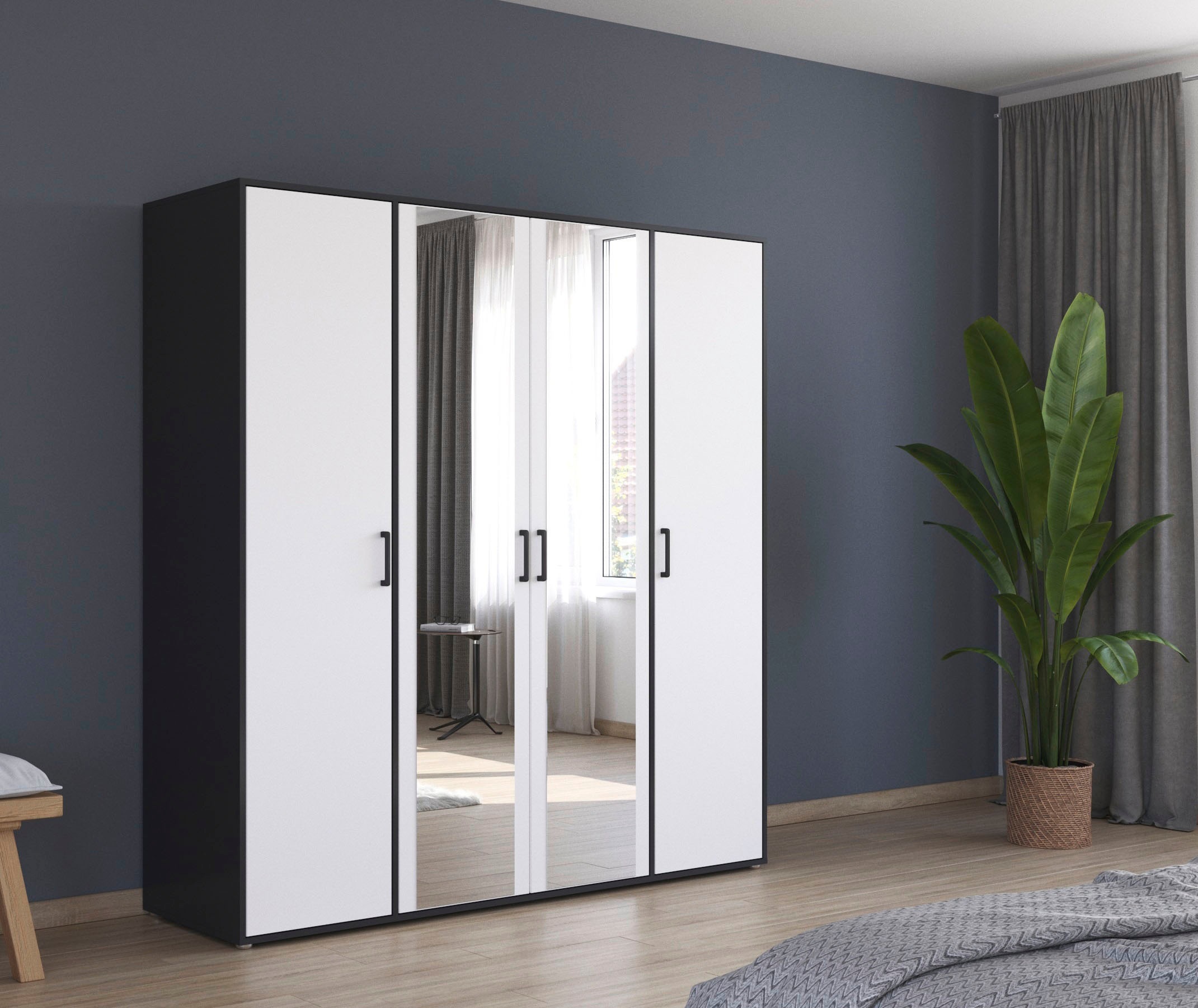 rauch Drehtürenschrank »Kleiderschrank Schrank Garderobe Wäscheschrank VOYAGER«, (in 3 verschiedenen Ausstattungen BASIC/CLASSIC/PREMIUM), mit modernen Griffen in Graumetallic und Spiegel