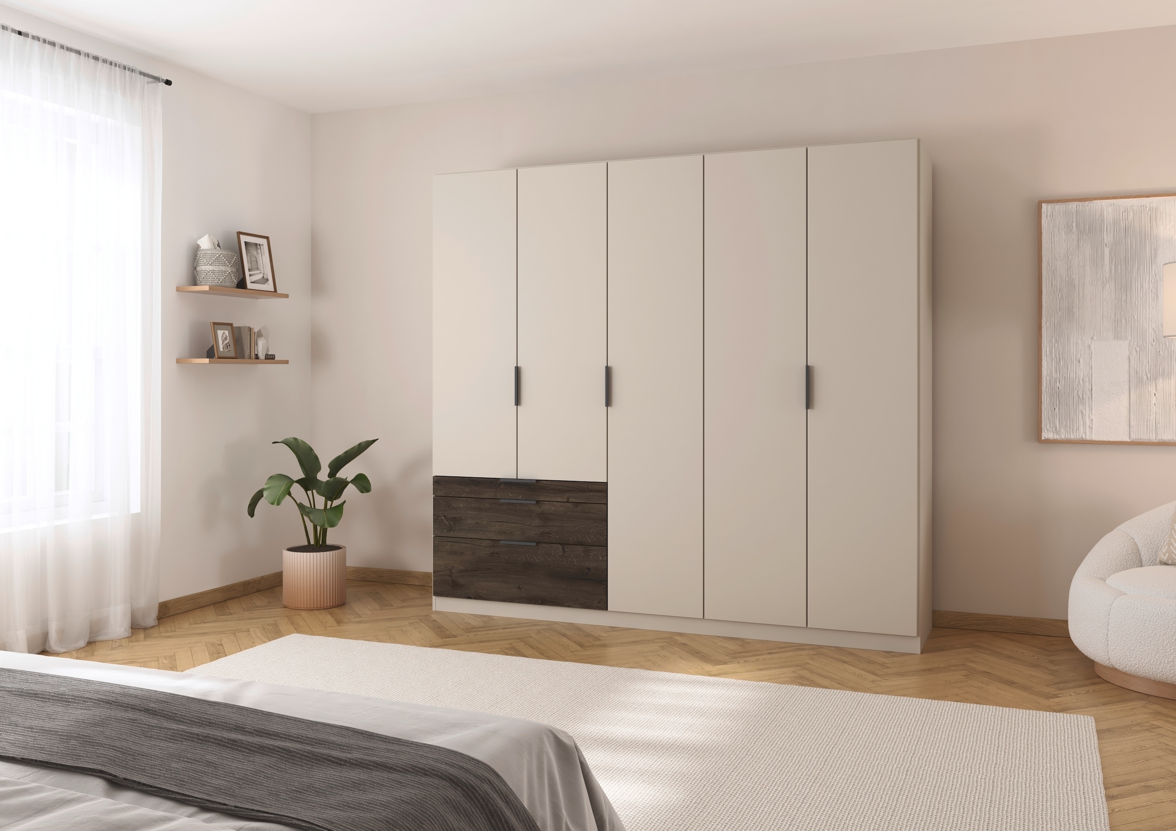 rauch Kleiderschrank »Drehtürenschrank Schrank Garderobe Schlafzimmerschrank KODA«, (oberer Schubkasten mit praktischer Inneneinteilung), mit asymmetrisch angeordneten Schubladen MADE IN GERMANY