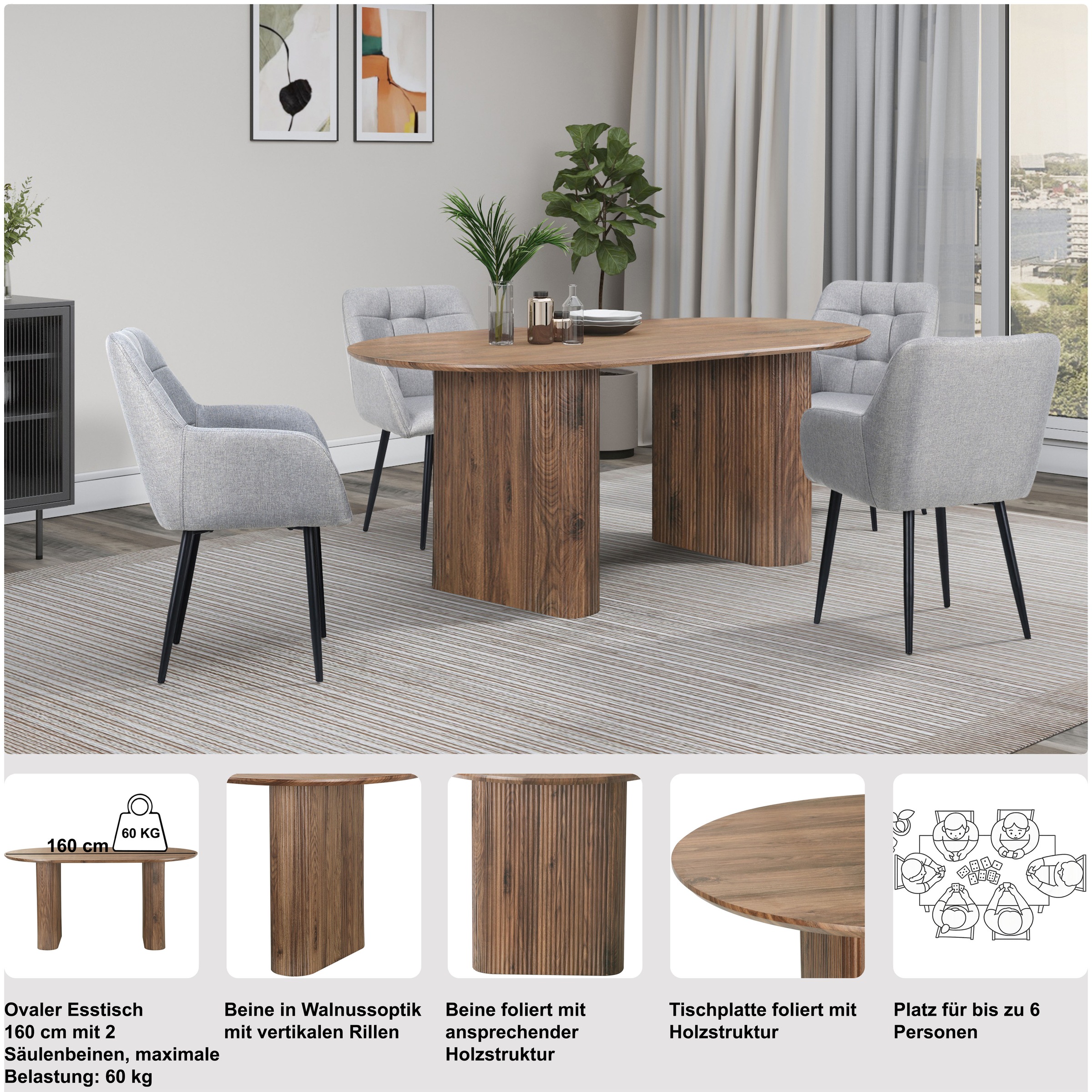 Esstisch OTTO HOME "Bostonia", braun, braun, braun, B:160cm H:76cm T:90cm, Tische, Esstisch, ovaler Esstisch, Beine mit Rillenstruktur, pflegeleicht, Höhe 76 cm 2