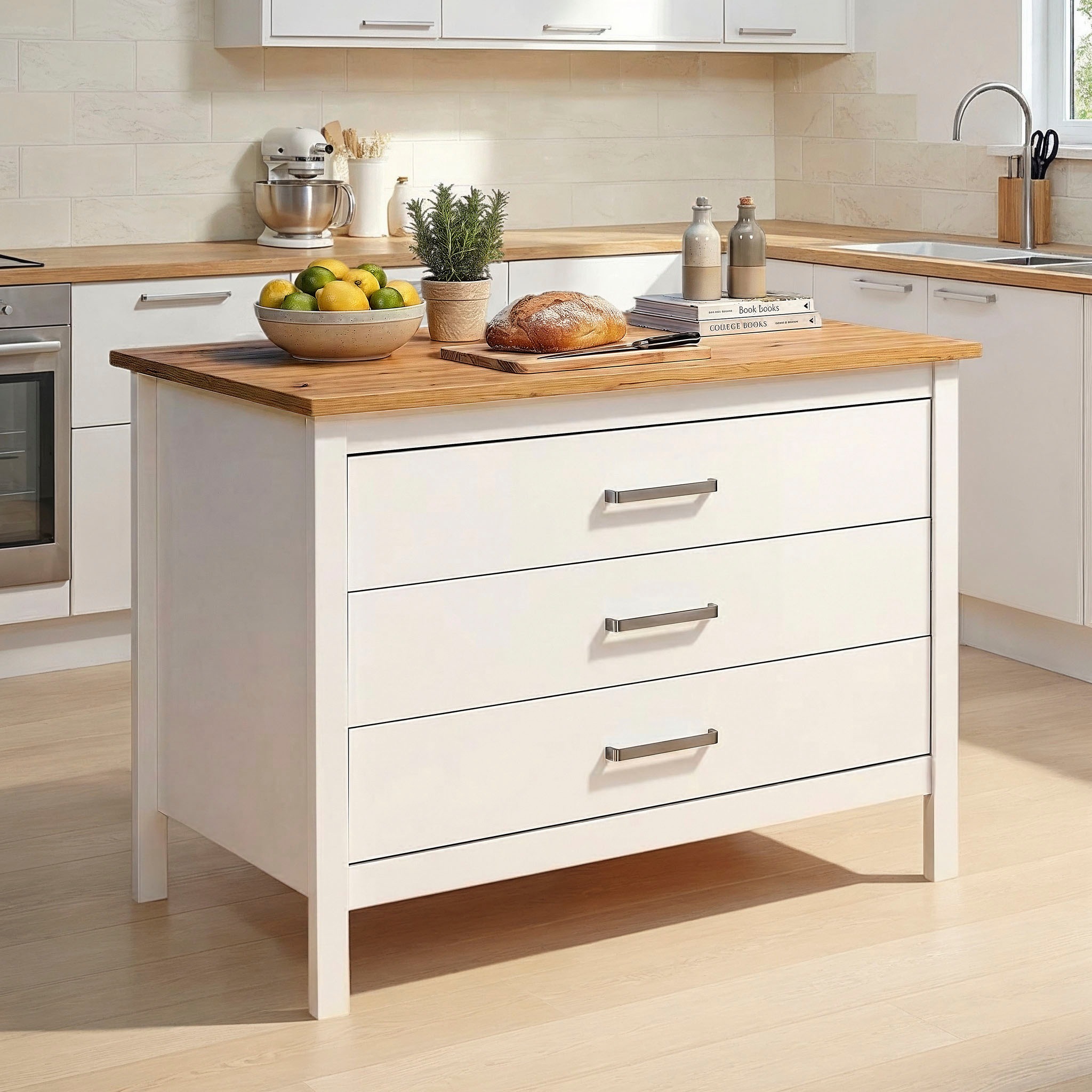 Inter Link Bartisch »Enoli im Skandi Look, multifunktional für Küche & Essbereich, Weiss« 1 Stk. tlg. Kücheninsel mit Soft-Close, Platz für 2 Hocker, 124x75x91 cm