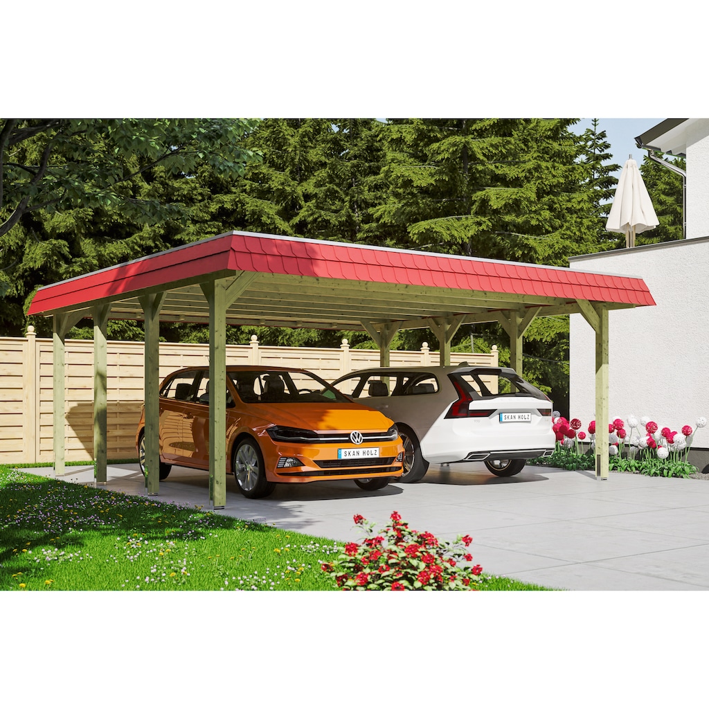 Skanholz Doppelcarport »Spreewald«, Nadelholz, 530 cm, Grün, 585x589cm mit EPDM-Dach, rote Blende
