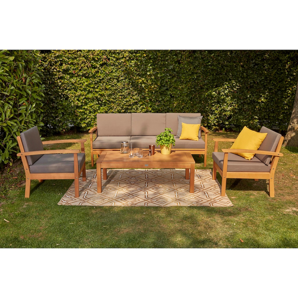 Siena Garden Gartenlounge-Set »Tavira«, (2x Sessel, 1x 2er-Sofa, 1x Tisch), Eukalyptus FSC 100%, inkl. Kissen