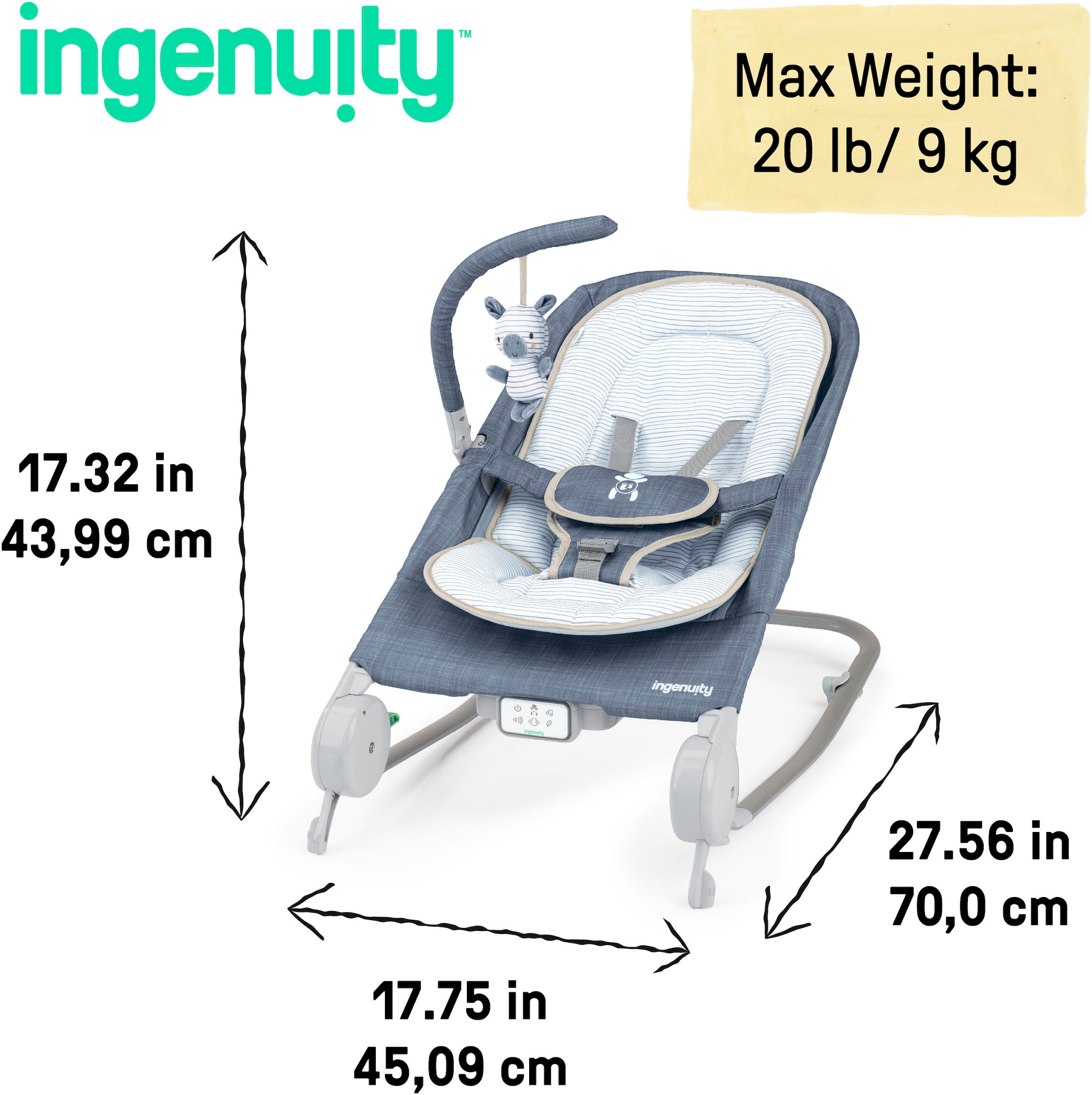 ingenuity Babywippe »Happy Belly™ Rock-to-Bounce Massage Seat - Chambray«, bis 9 kg, mit Melodien und Geräuschen