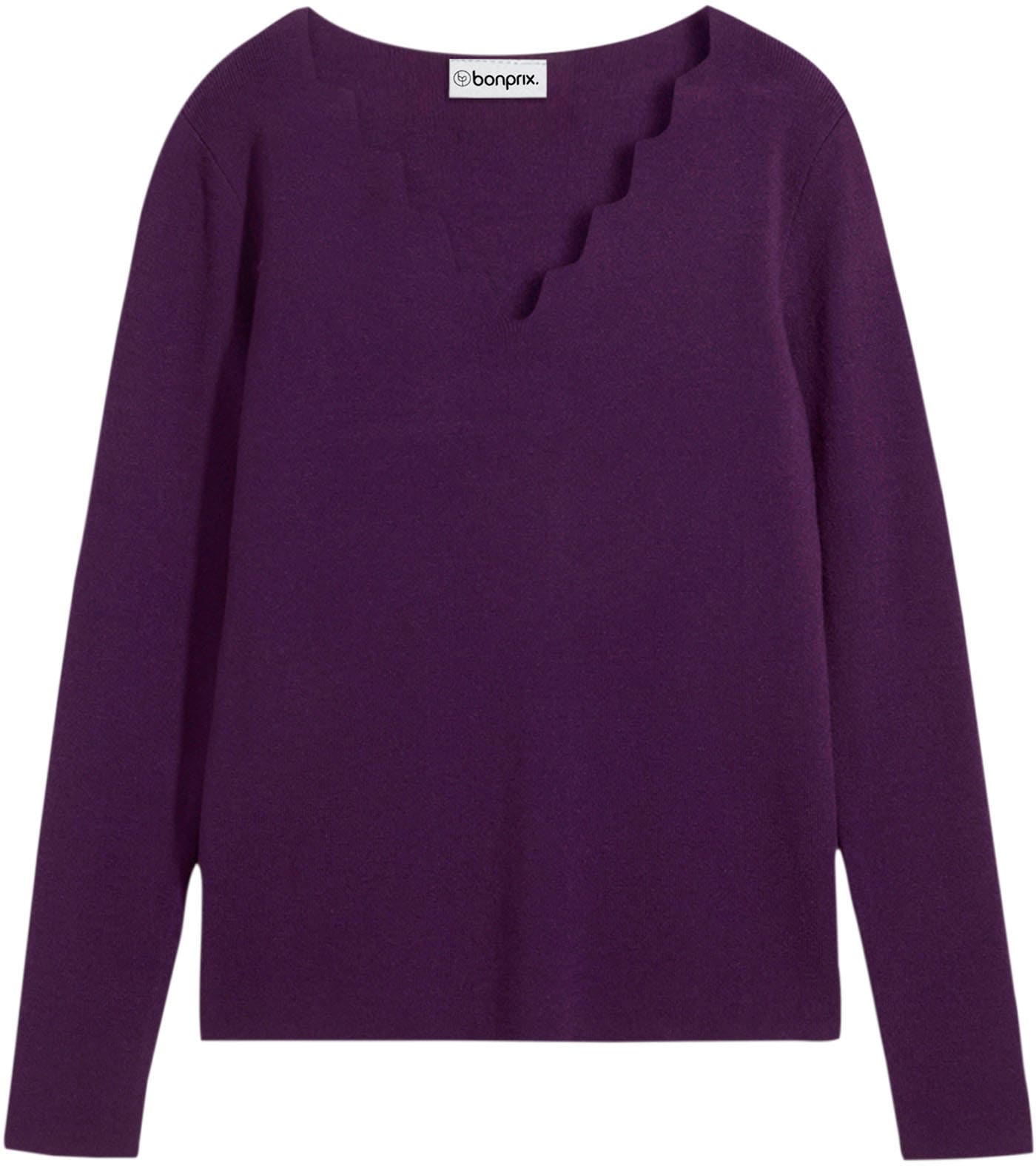 bonprix Strickpullover »Feinstrickpullover aus fließendem Viskose-Mix« aus Viskose-Mix, mit Wellenausschnitt, Slim fit Passform