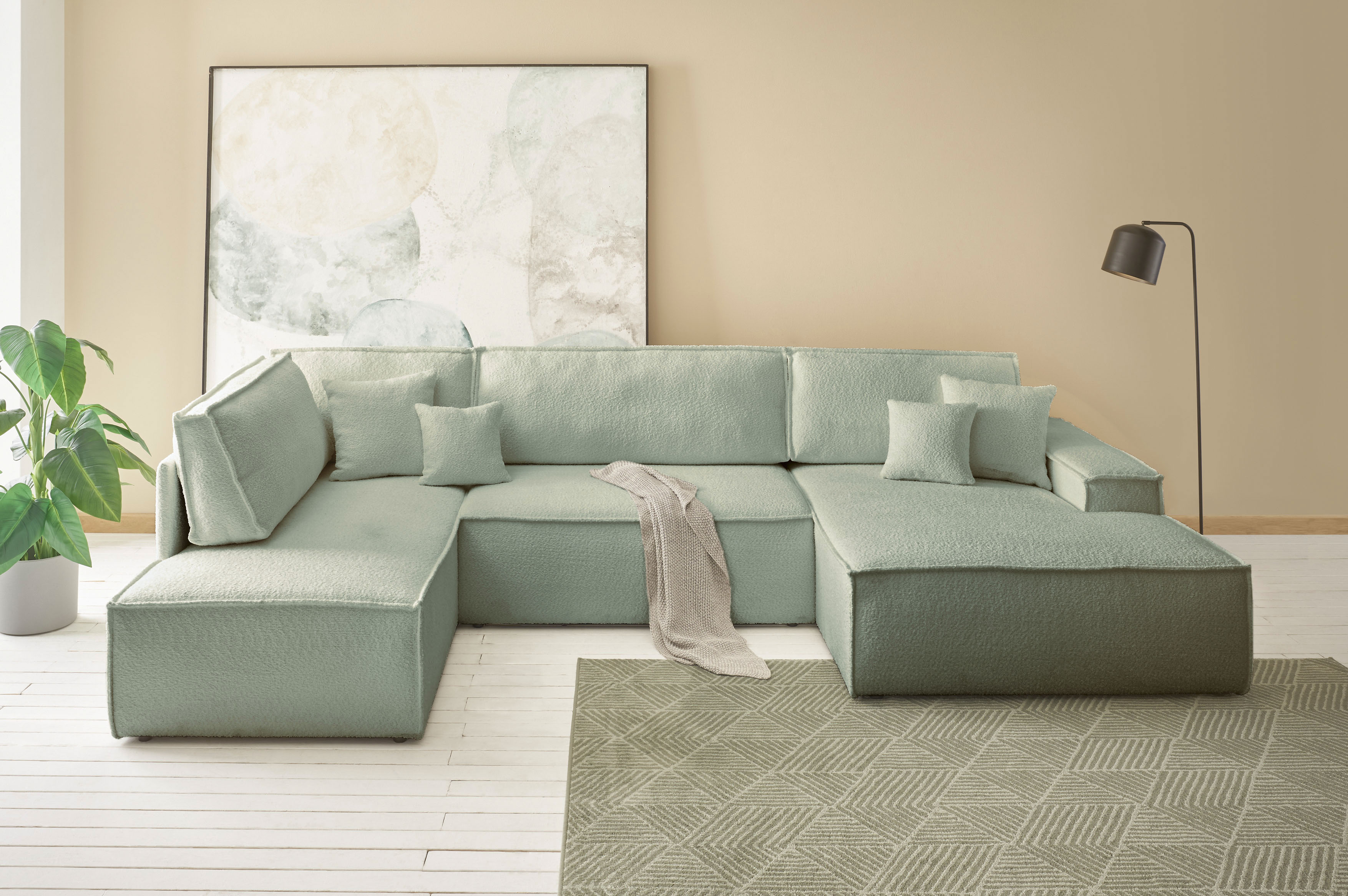 OTTO home Wohnlandschaft "FINNLEY Bouclé U-Form XXL 329 cm - OTTO. Verlässliche Qualität." Schlafsofa, Bettkasten, in Bouclé, Struktur fein und Mega Cord