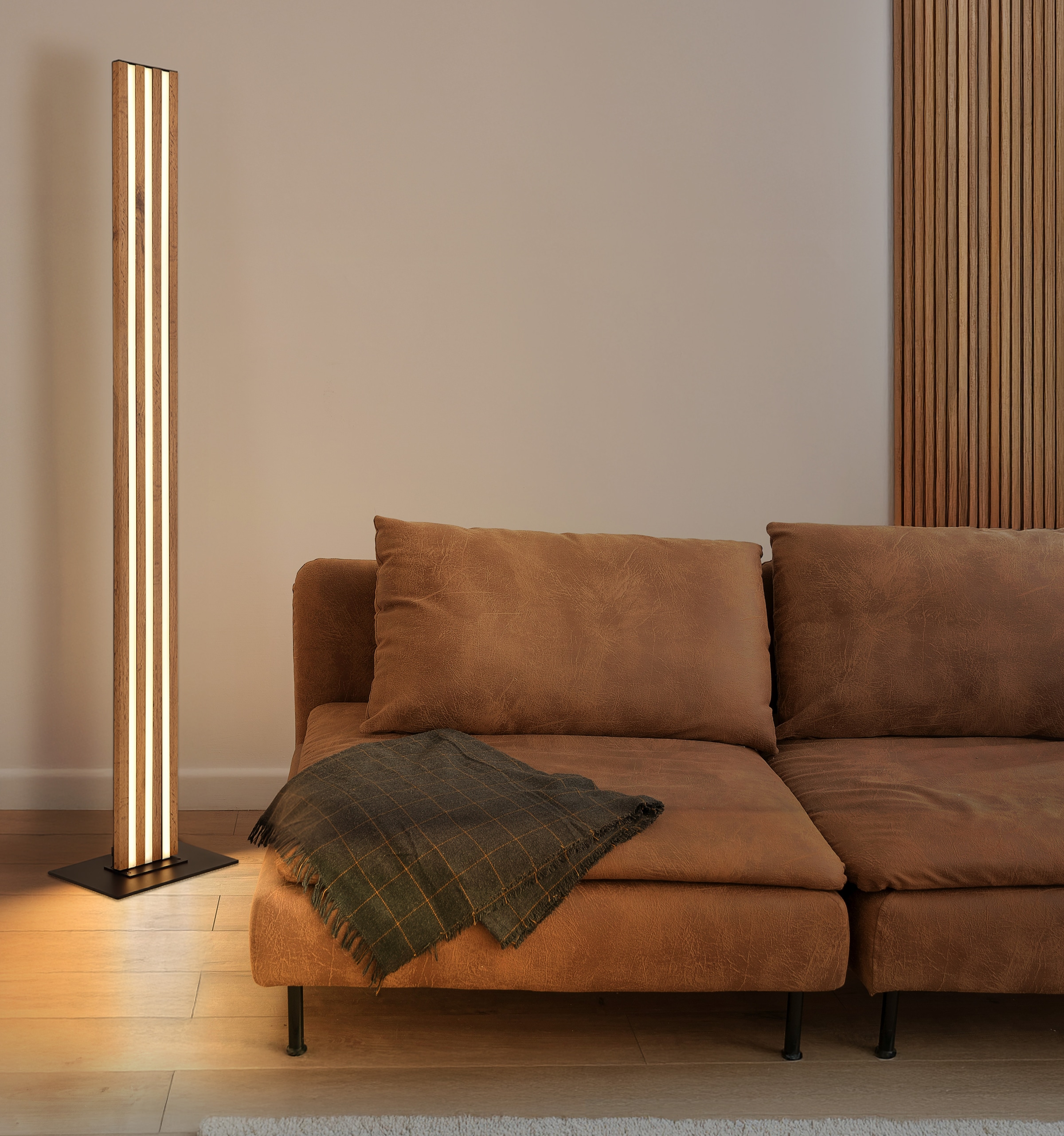 GLOBO LIGHTING Stehlampe »HAYDEN« LED-Modul 1 Stk. Warmweiß Stehleuchte schwarz & Holzoptik, Fußtrittschalter, warmes Licht