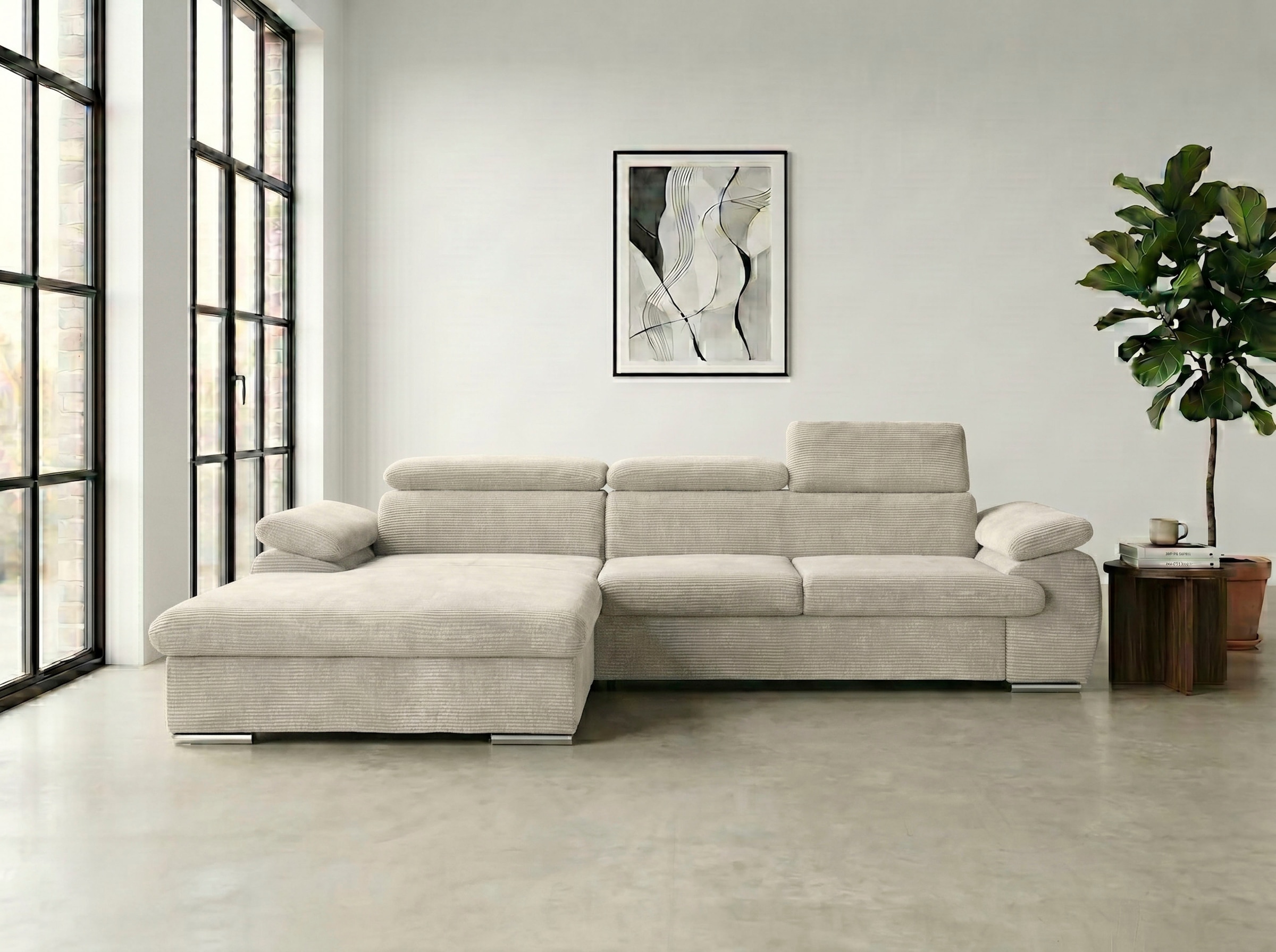 WERK2 Ecksofa "Cosmo 282 x 192 cm modern und bequem" Cord, L-Form, XXL, Schlaffunktion, Bettkasten, verstellbare Kopfteile