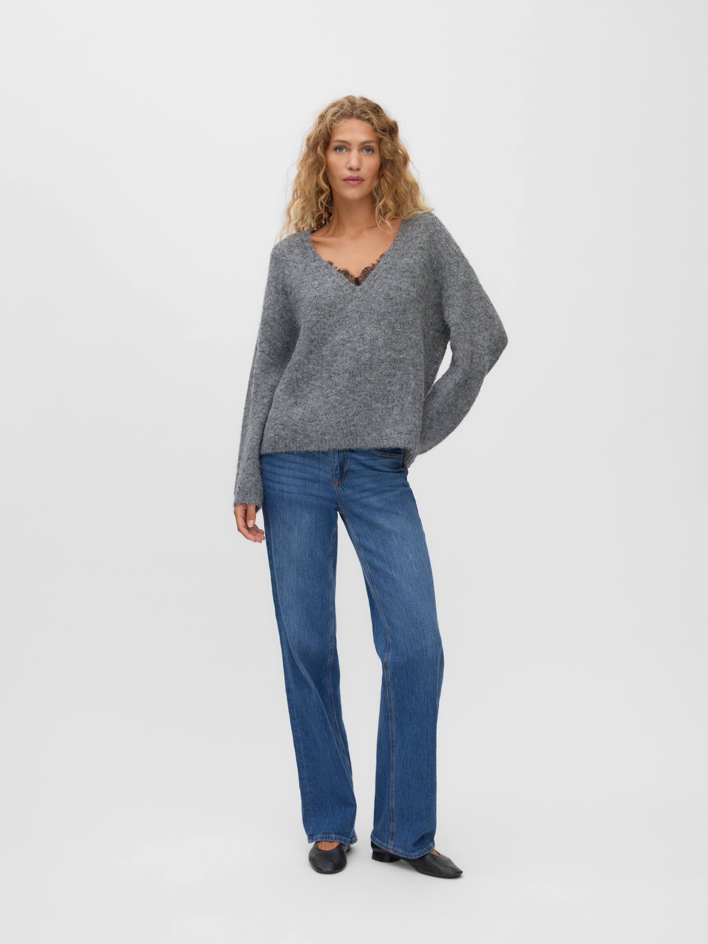 Vero Moda Strickpullover »VMBERRY LACE LS V-NECK PULLOVER NOOS« Materialmix, regular fit, Spitze