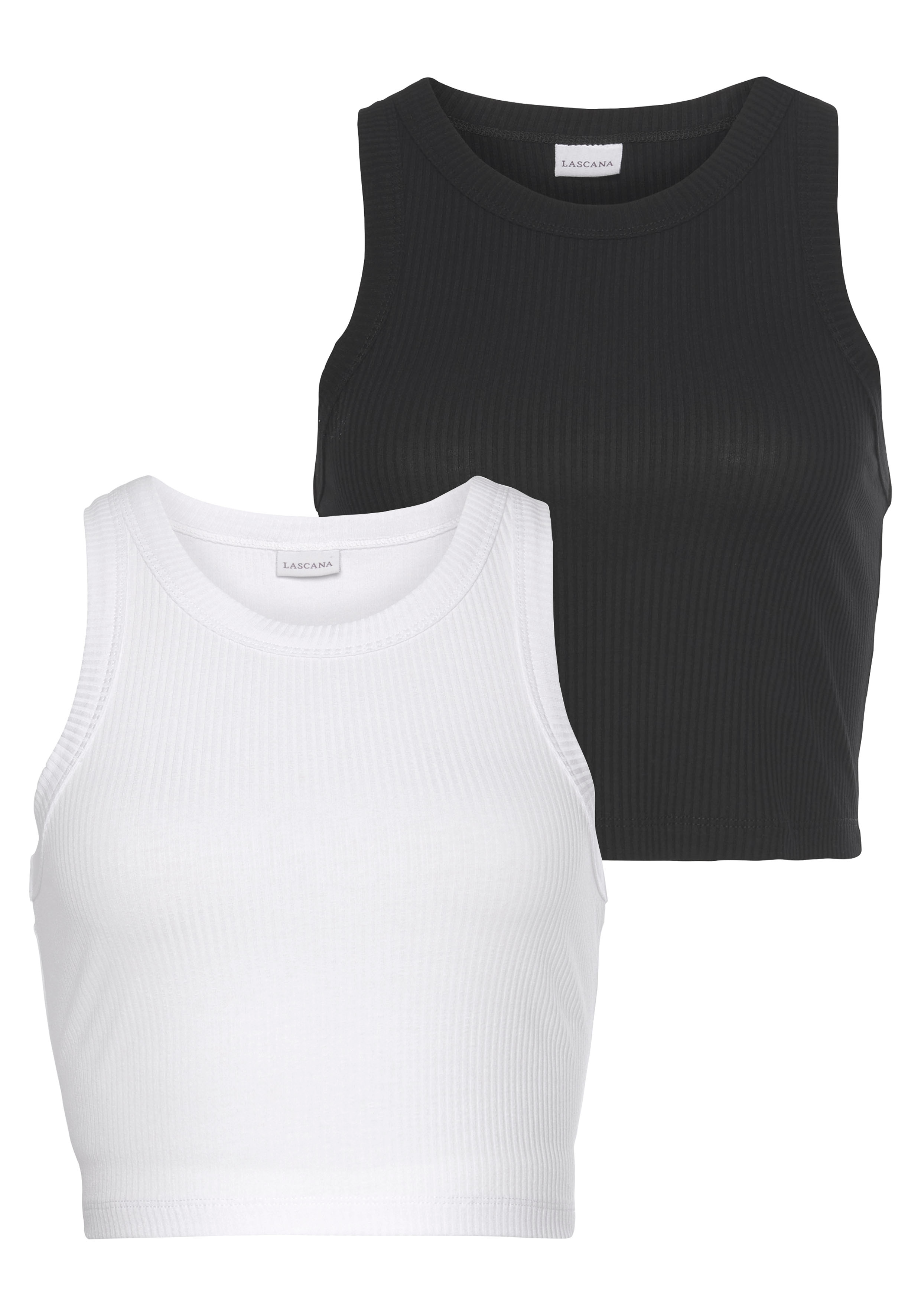 LASCANA Crop-Top "aus weicher Rippware" 2er-Pack, kurzes Tanktop, sommerliche Basic Tops, figurbetontes Ripptop