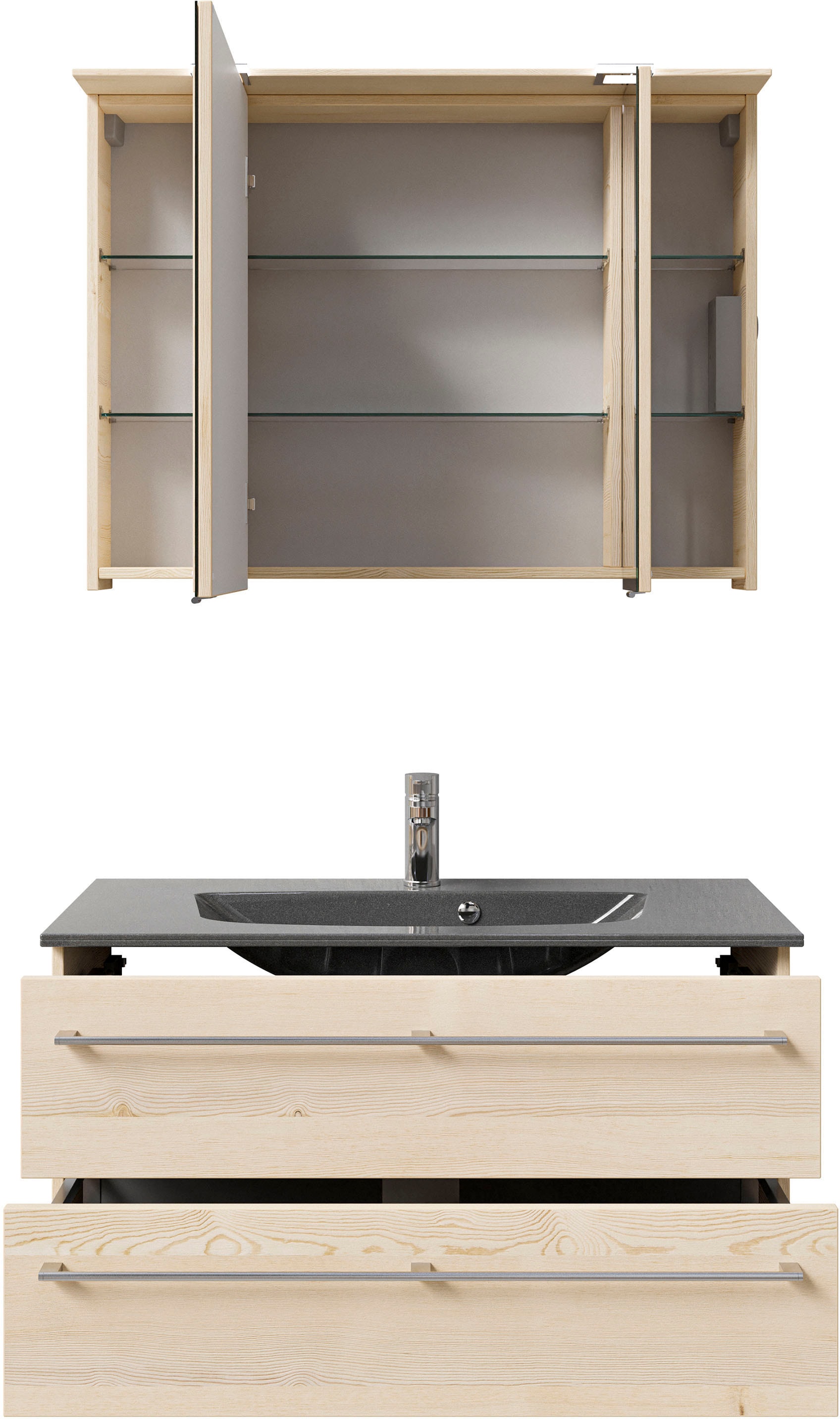 Saphir Badmöbel-Set »Serie 6025 2-teilig Mineralmarmor-Waschtisch mit LED-Spiegelschrank«, (2 St.), Waschplatz 97 cm breit, 2 Schubladen, 3 Spiegel-Türen, inkl Türdämpfer