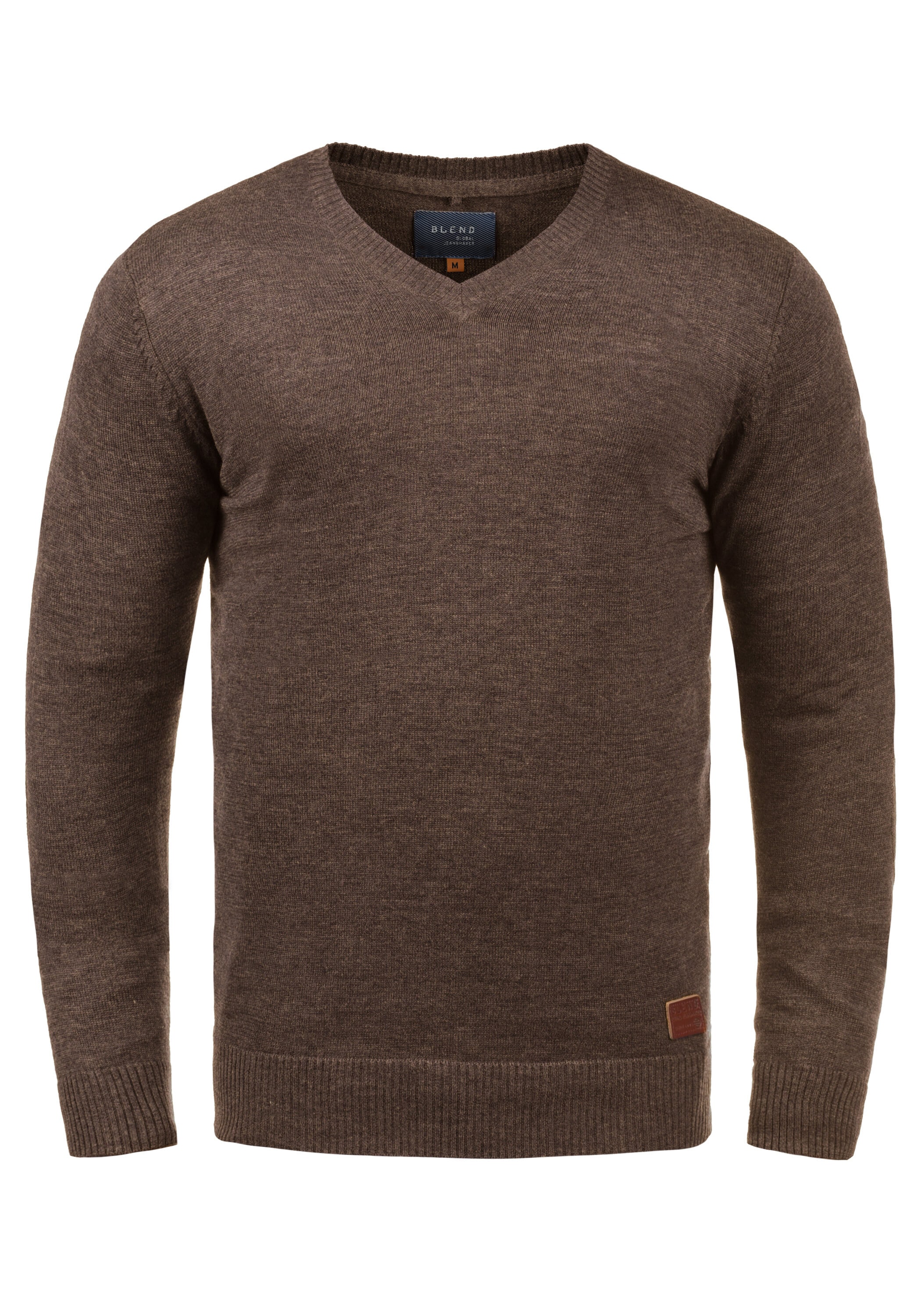 Strickpullover BLEND "BHLasse", Herren, Gr. L, braun (mocca mix), Feinstrick, 50% Baumwolle, 50% Polyacryl, unifarben, Basic, regular fit, V-Ausschnitt, eingesetzt, Pullover Strickpullover, Feinstrickpullover mit aufgestickten Ellenbogenpatches