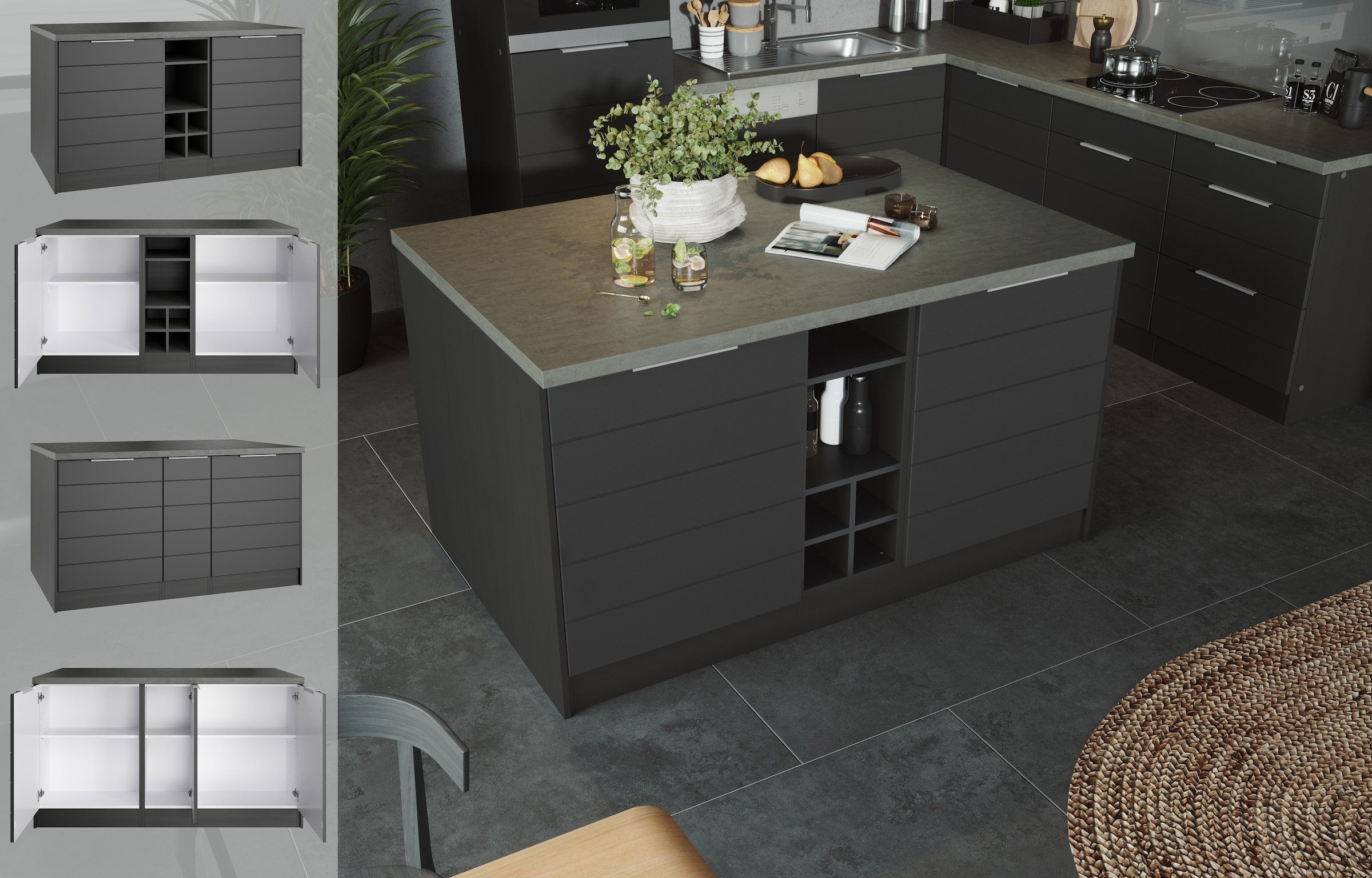 KOCHSTATION Kücheninsel »KS-Luhe, Breite 153 cm, mit Flaschenregal«, MDF-Fronten, Arbeitsplatte 38mm stark