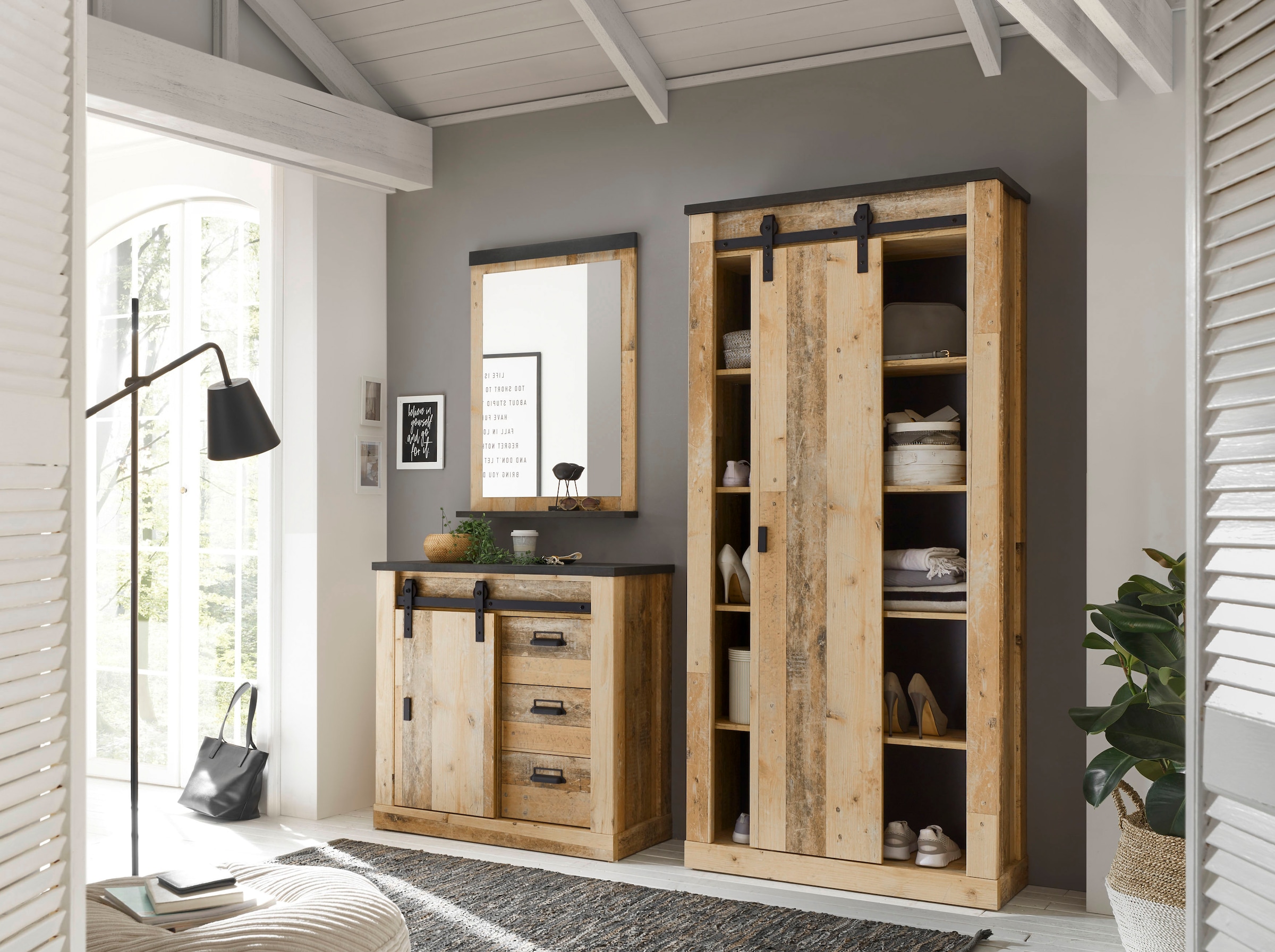 Holz Metall, | aus mit cm BAUR 201 Home Höhe affaire »SHERWOOD«, Dekor, modernes Regal Scheunentorbeschlag