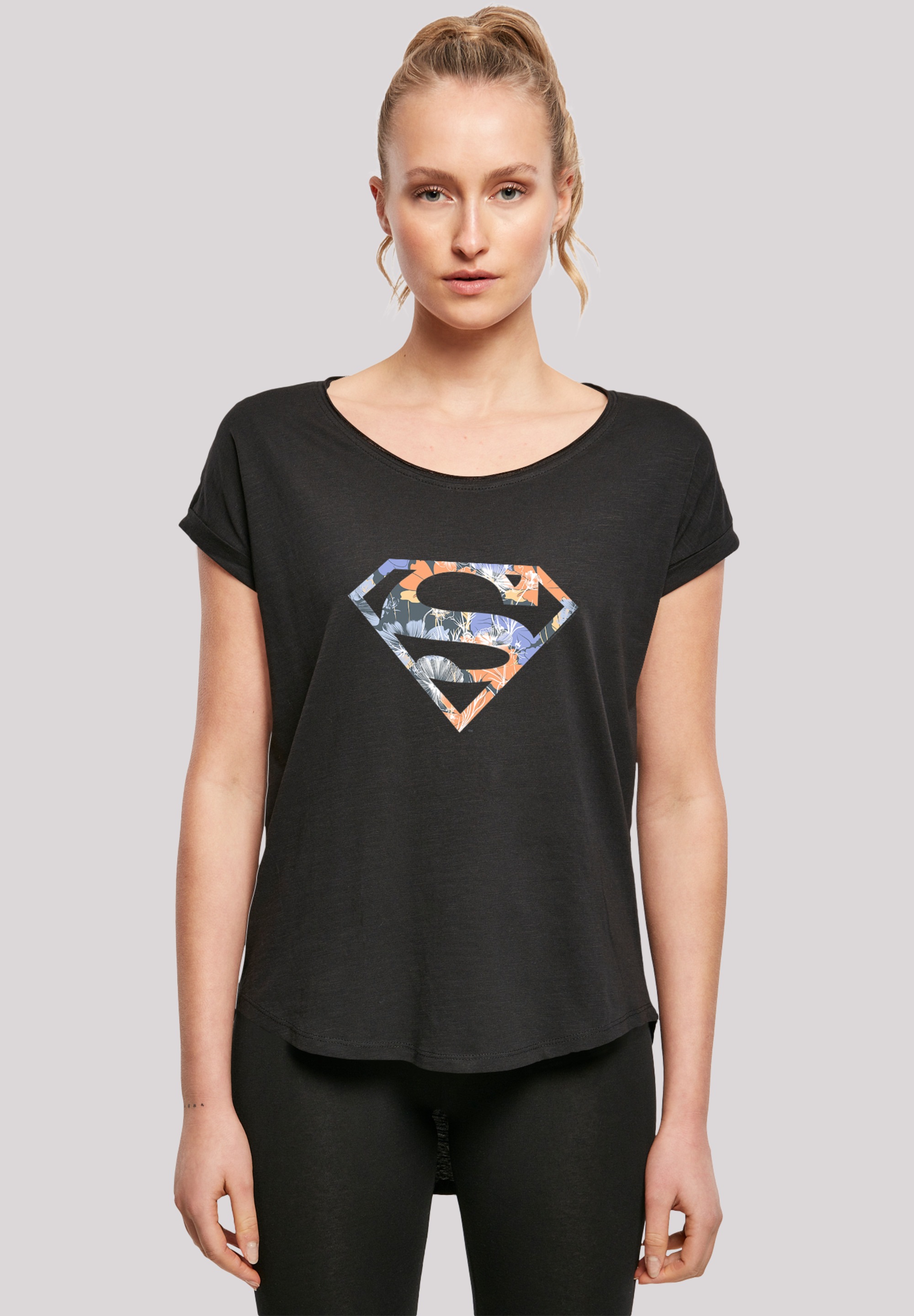 F4NT4STIC Kurzarmshirt »F4NT4STIC Damen Superman Floral Logo 2 with Ladies Long Slub Tee«, (1 tlg.)