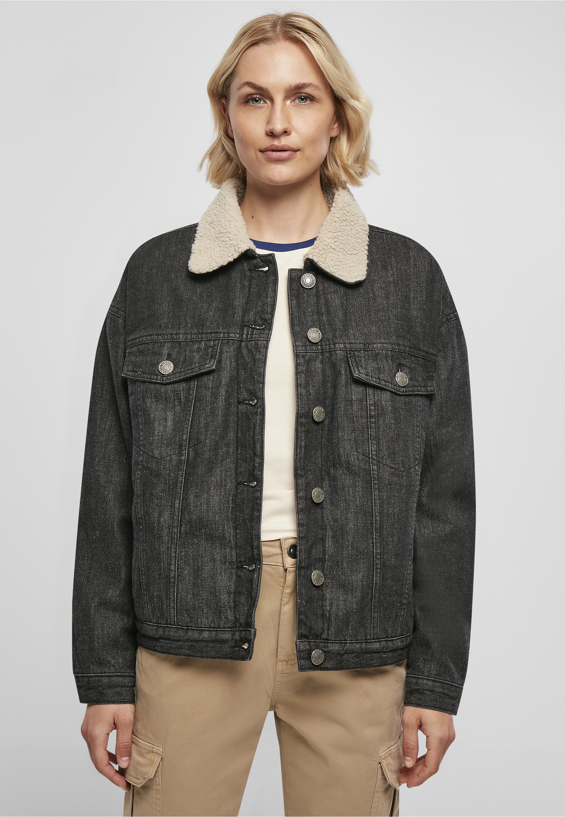 URBAN CLASSICS Jeansjacke »Urban Classics Damen Ladies Oversized Sherpa Denim Jacket« 1 Stk. tlg. ohne Kapuze