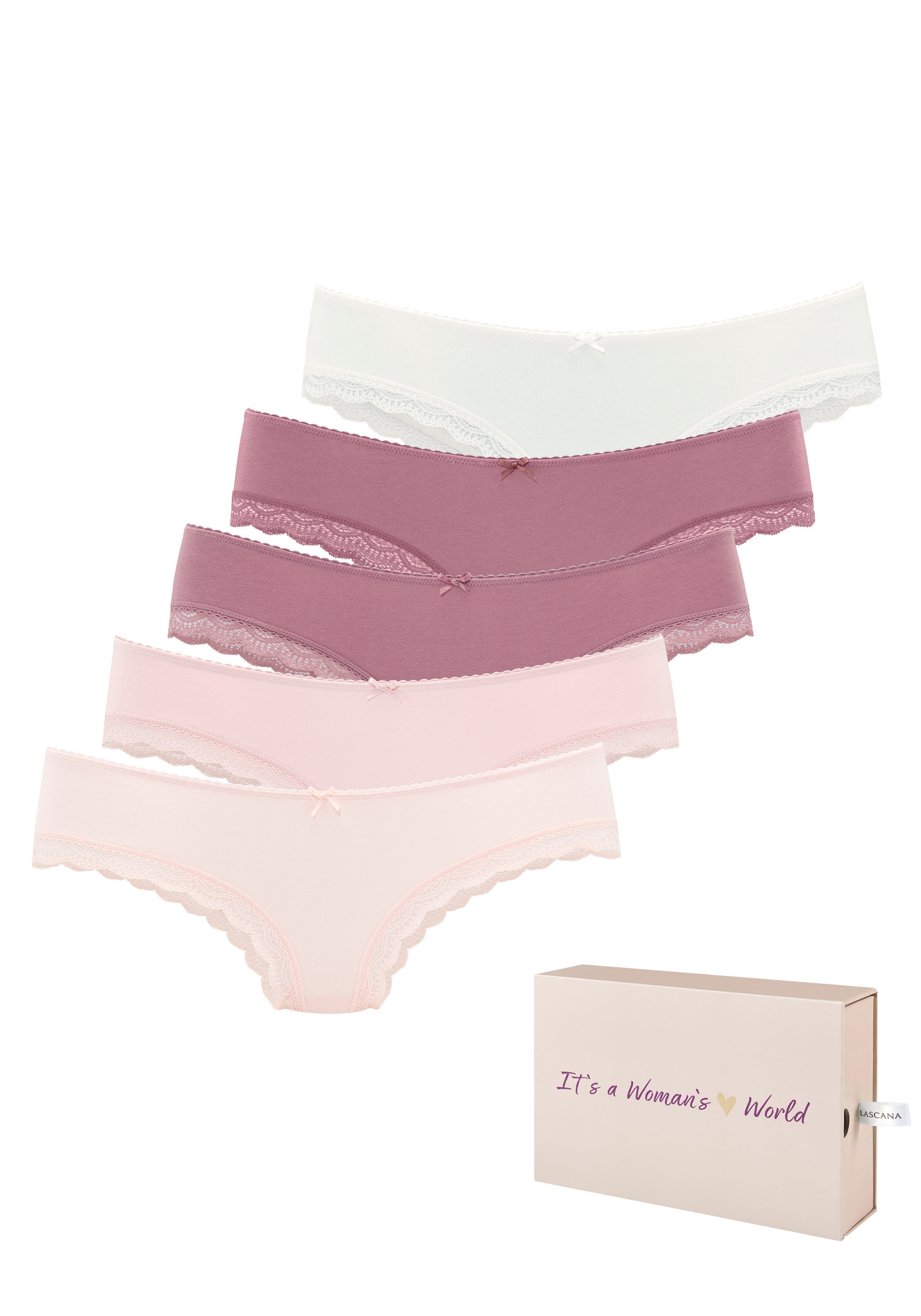 LASCANA Brasilslip 5er-Pack, aus elastischer Baumwolle mit zarter Spitze, mit Aufbewahrungsbox