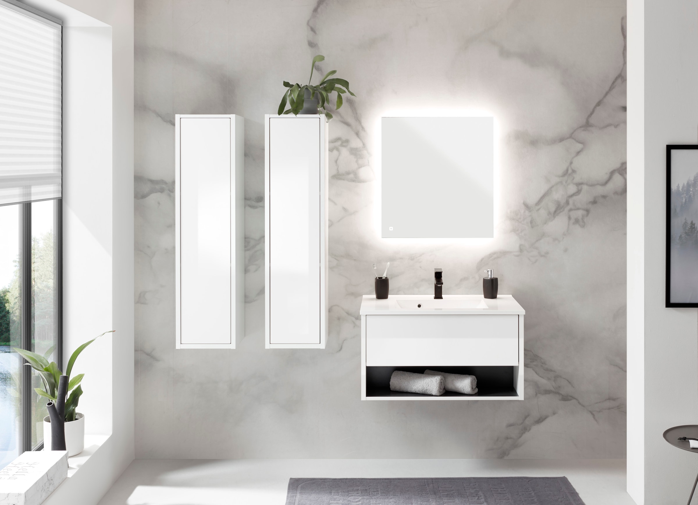 Places of Style Badmöbel-Set »Studio Line, Bad im modernen Design, 4-teiliges Badezimmer«, (4 St.), Schrank, Waschtisch und Spiegel, in zwei Farben verfügbar, Stauraum
