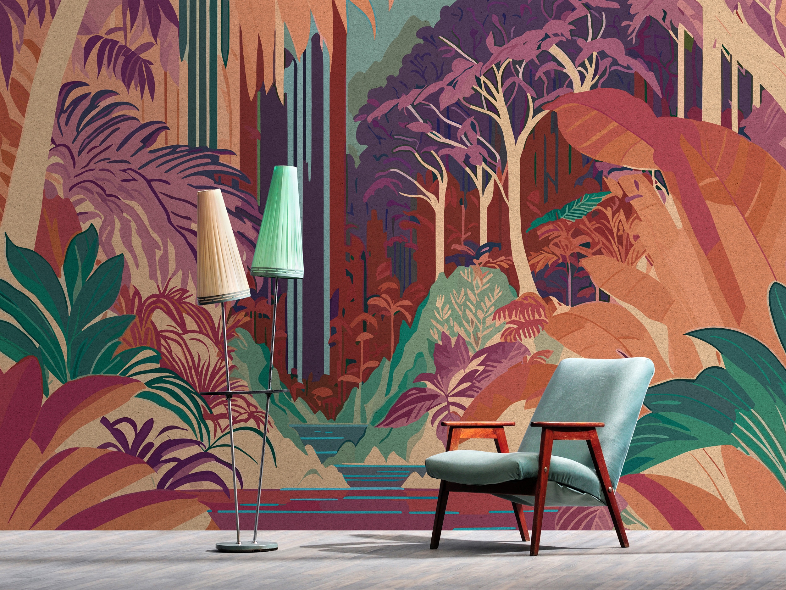 living walls Vliestapete "Fototapete Dschungel bunt Violett Orange Tropisch" matt glatt