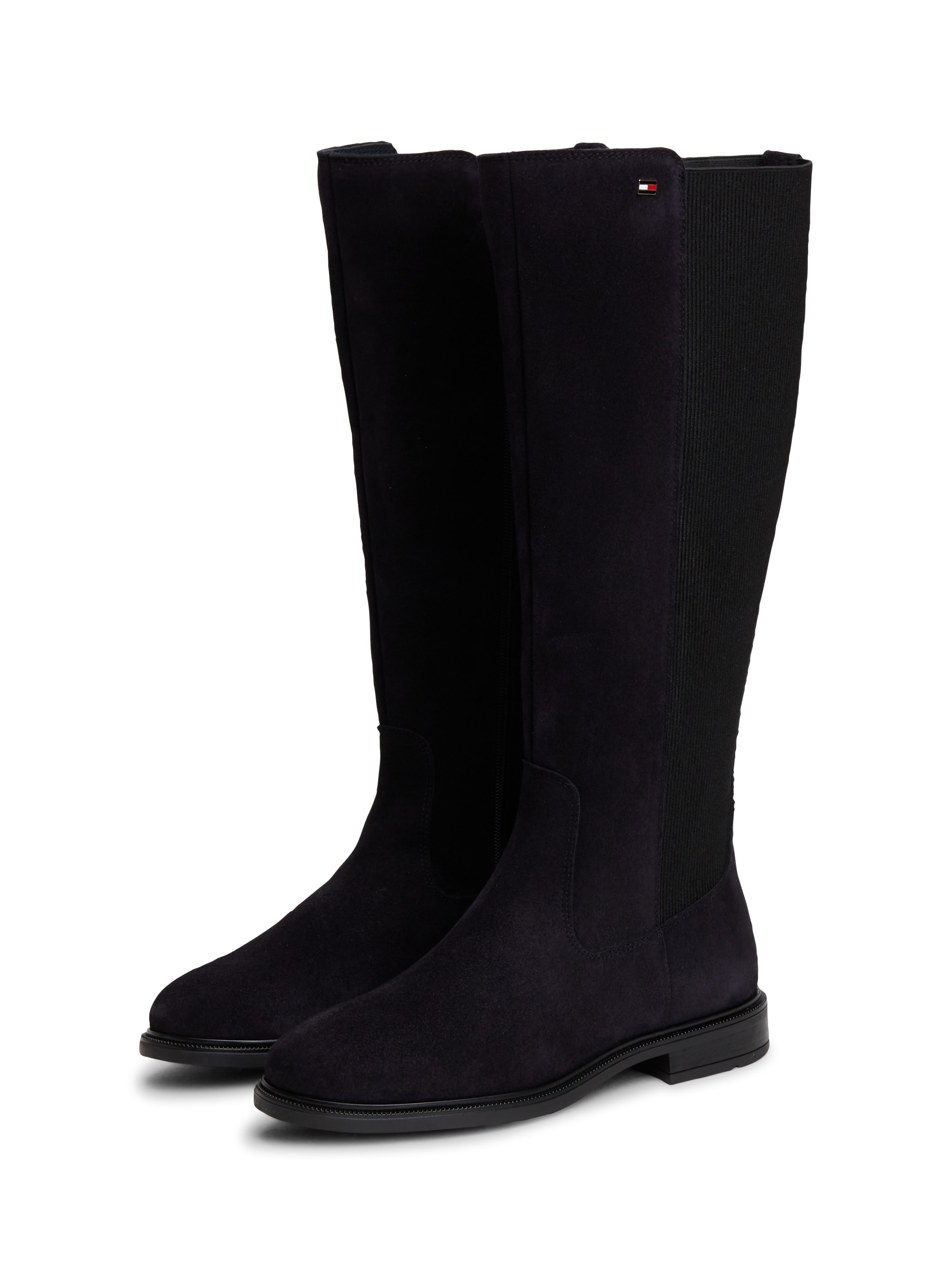 Tommy Hilfiger Stiefel "ENAMEL FLAG SUEDE HIGH CHELSEA" Blockabsatz, Langschaftstiefel mit Label-Flag