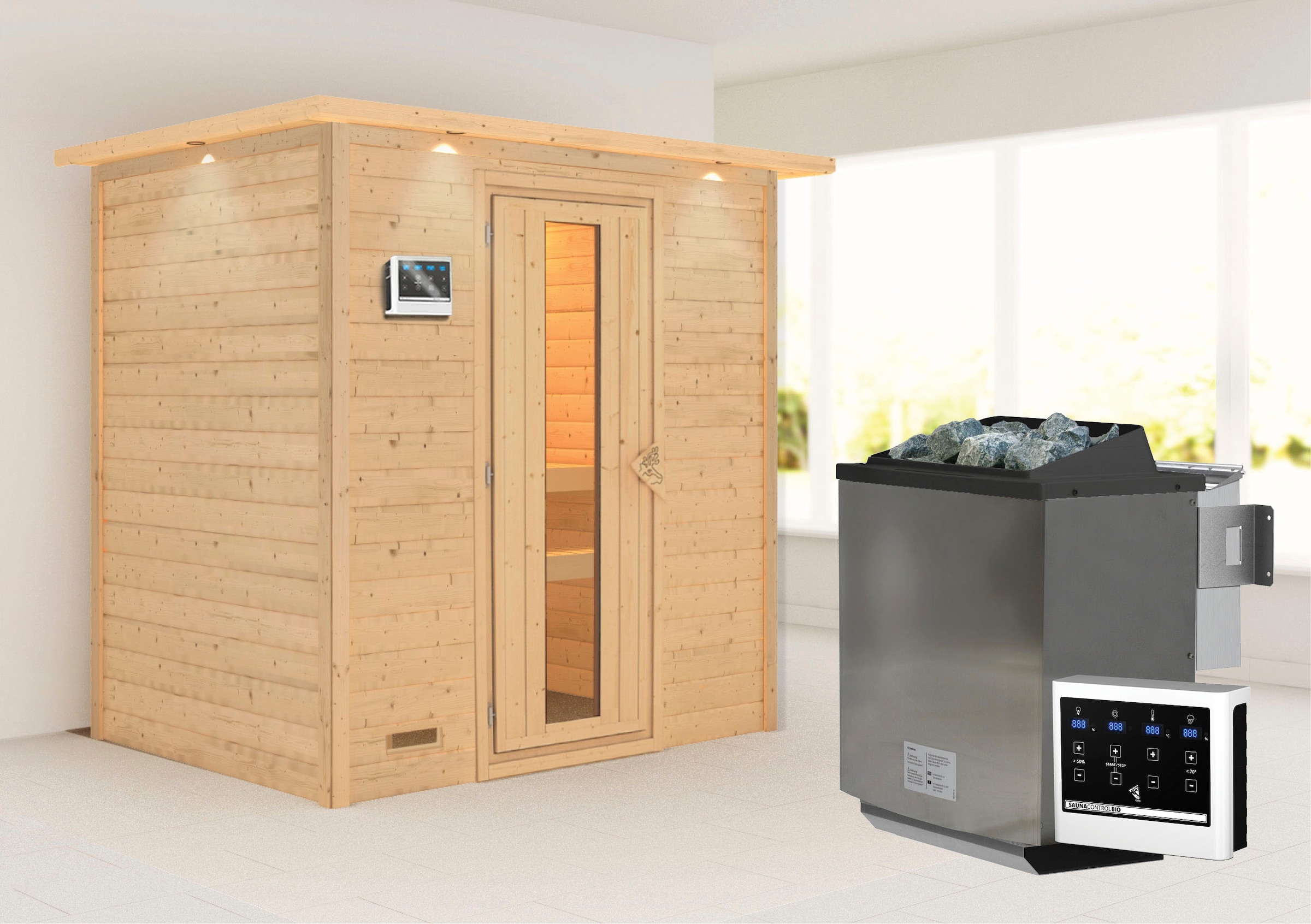 Karibu Sauna ""Sonja" mit Energiespartür und Kranz Ofen 9 kW Bio externe Strg modern"