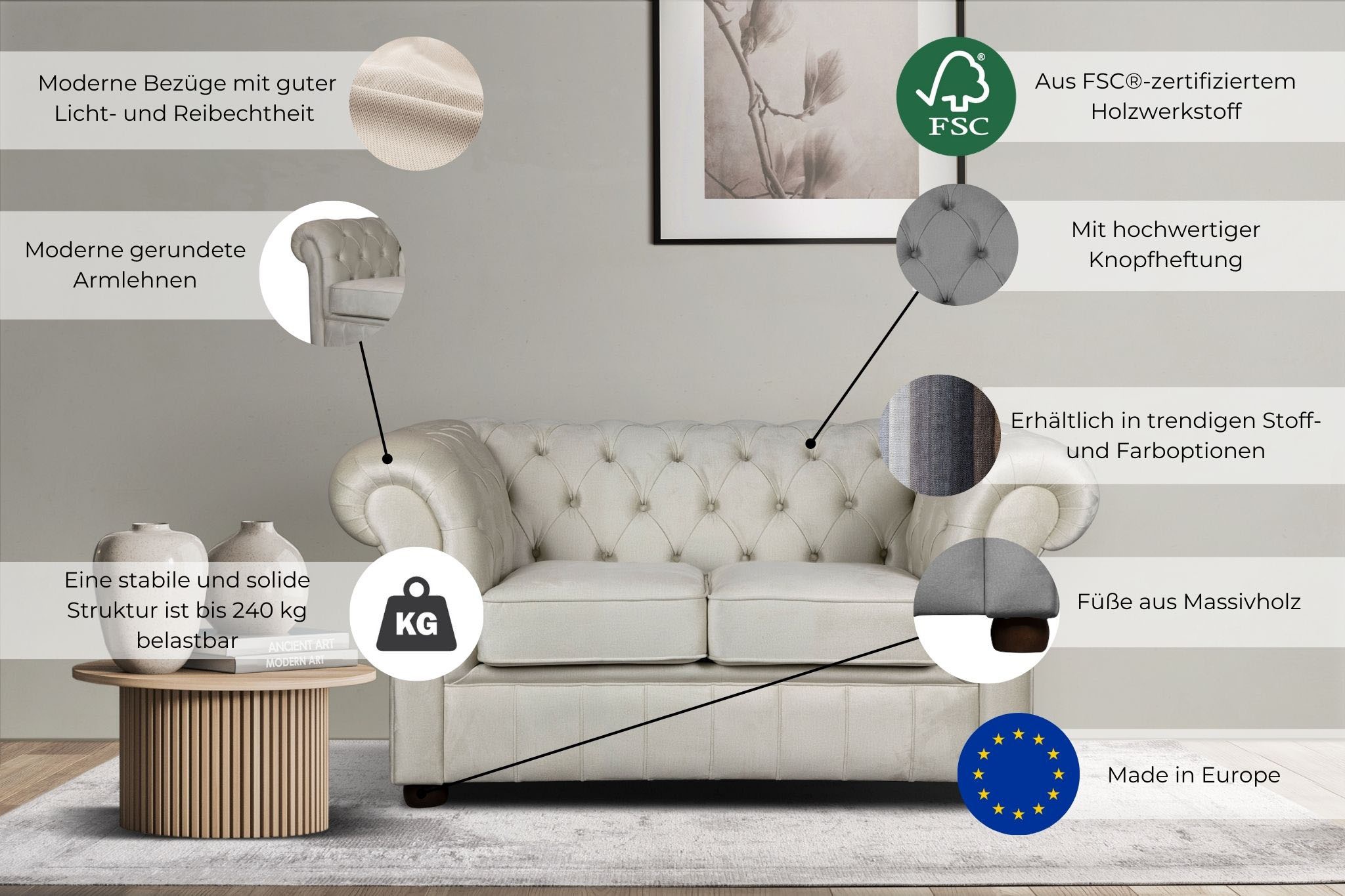 Home affaire 2-Sitzer »CHARENTE, Chesterfield-Sofa, Wellenfederung, Maße: B/T/H: 147/89/74 cm«, mit edler Knopfheftung und typischen Armlehnen