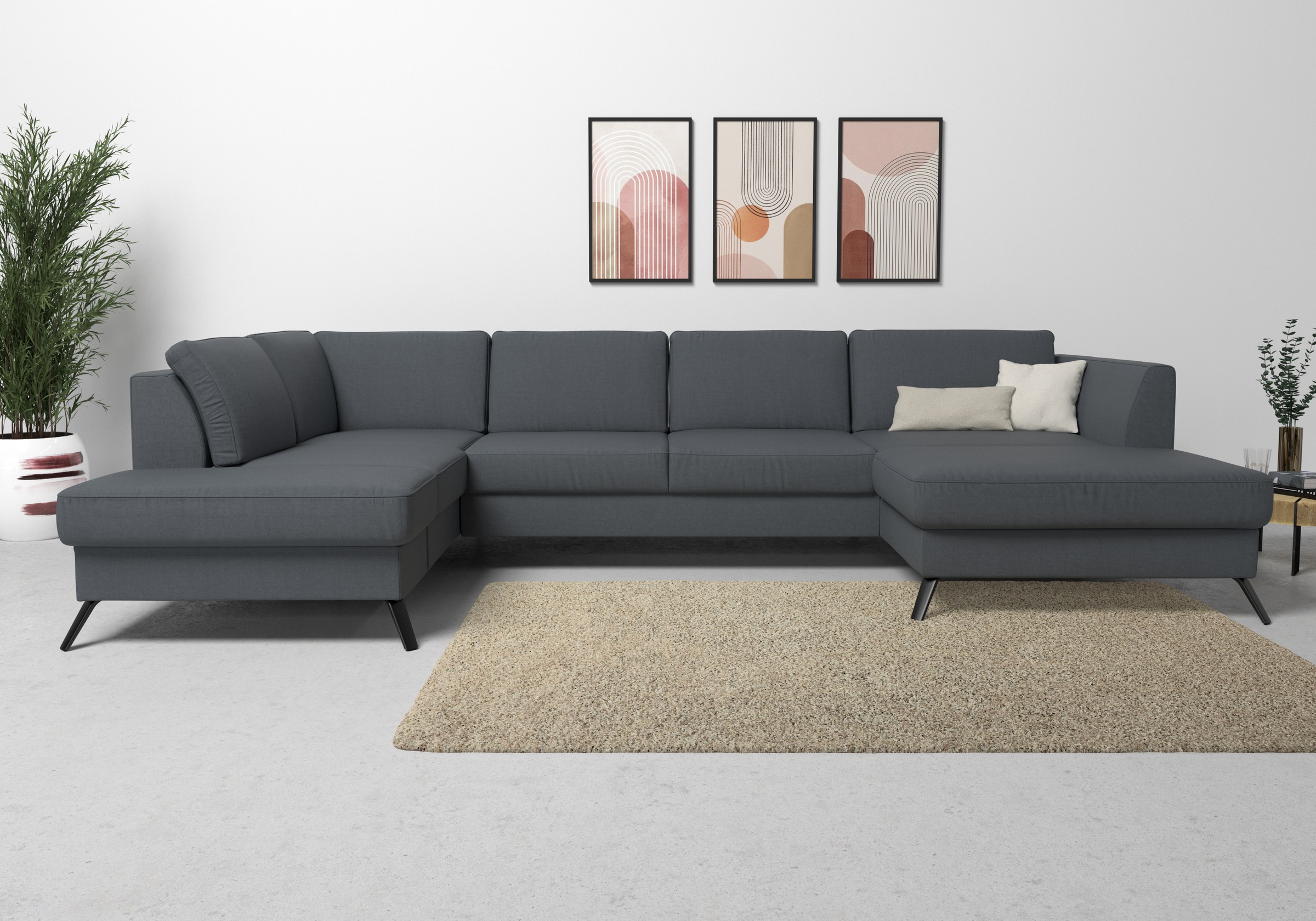 Wohnlandschaft SIT & MORE "Olsen U-Form", grau (dunkelgrau), B:335cm H:88cm T:201cm, 98% Polyester 2%Polyamid, Sofas, Wohnlandschaft, inklusive Sitztiefenverstellung, wahlweise mit Bettfunktion, 15cm hoch