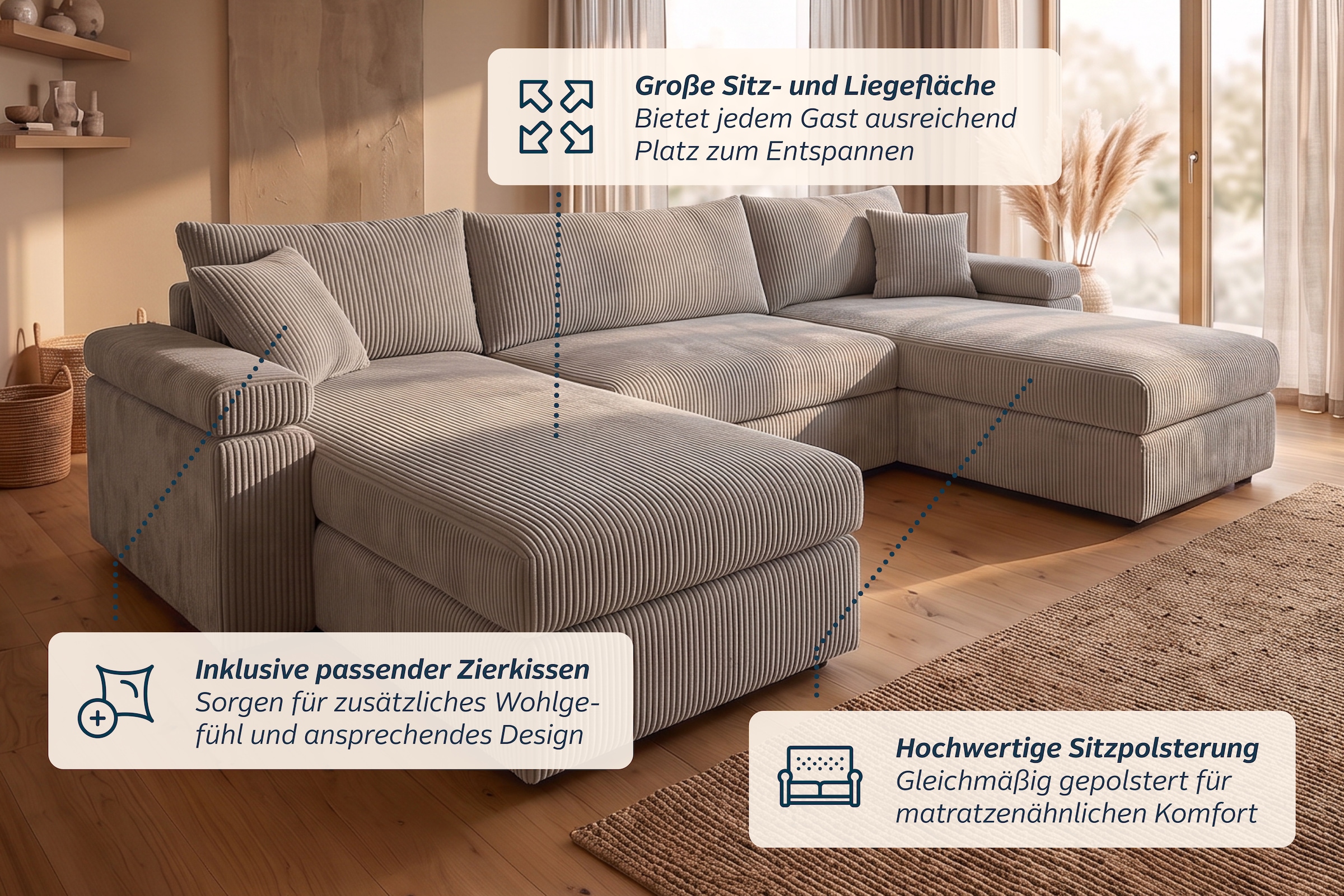 OTTO home Wohnlandschaft »Cosy U-Form, B: 309 cm, XXL-Wohnlandschaft mit Federkern« 2 Zierkissen, Mega-Sofa, Cord oder Struktur weich, Kaltschaumauflage