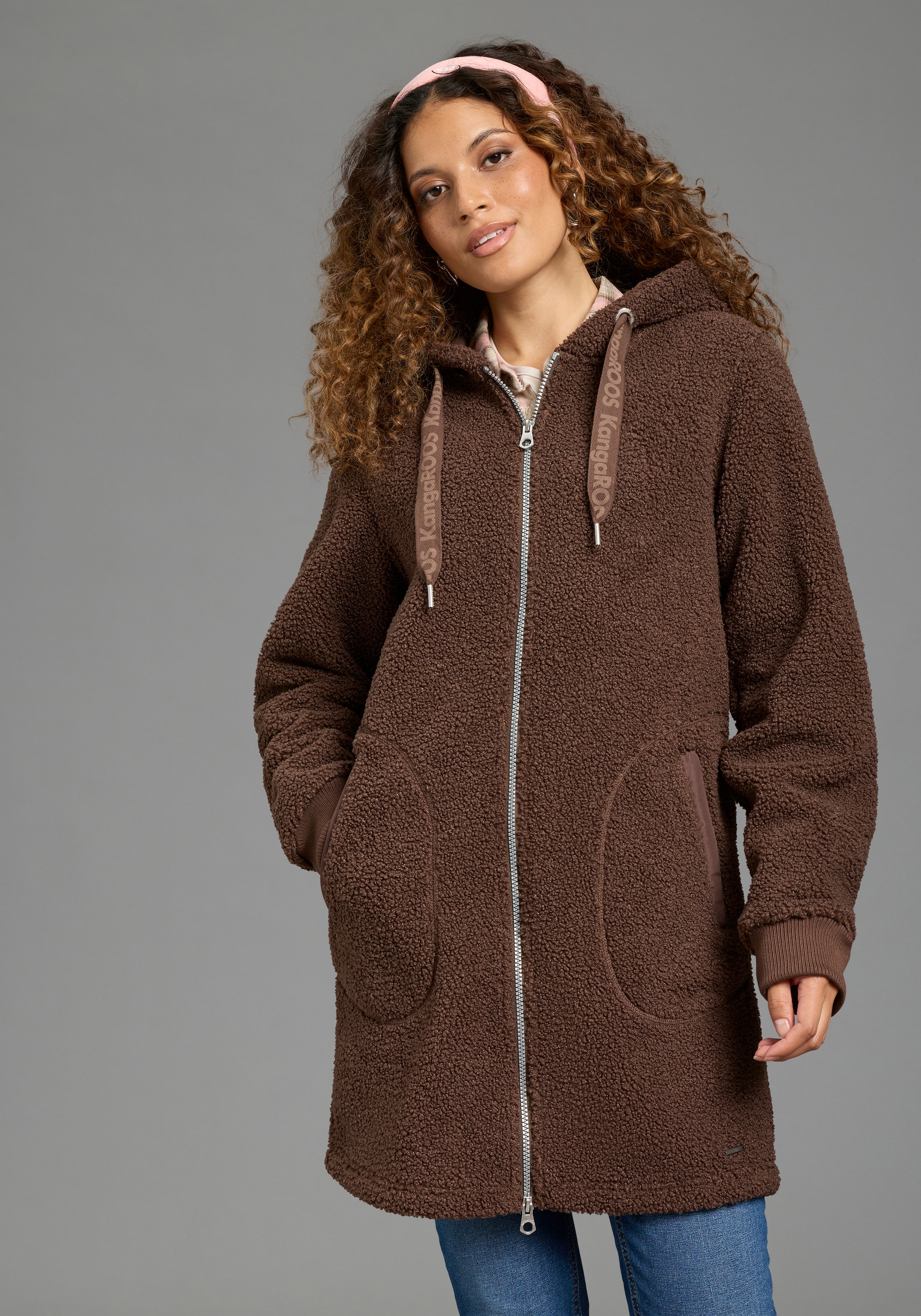 KangaROOS Fleecejacke mit Kapuze Teddy Fleece lang mit Kapuze für den Übergang