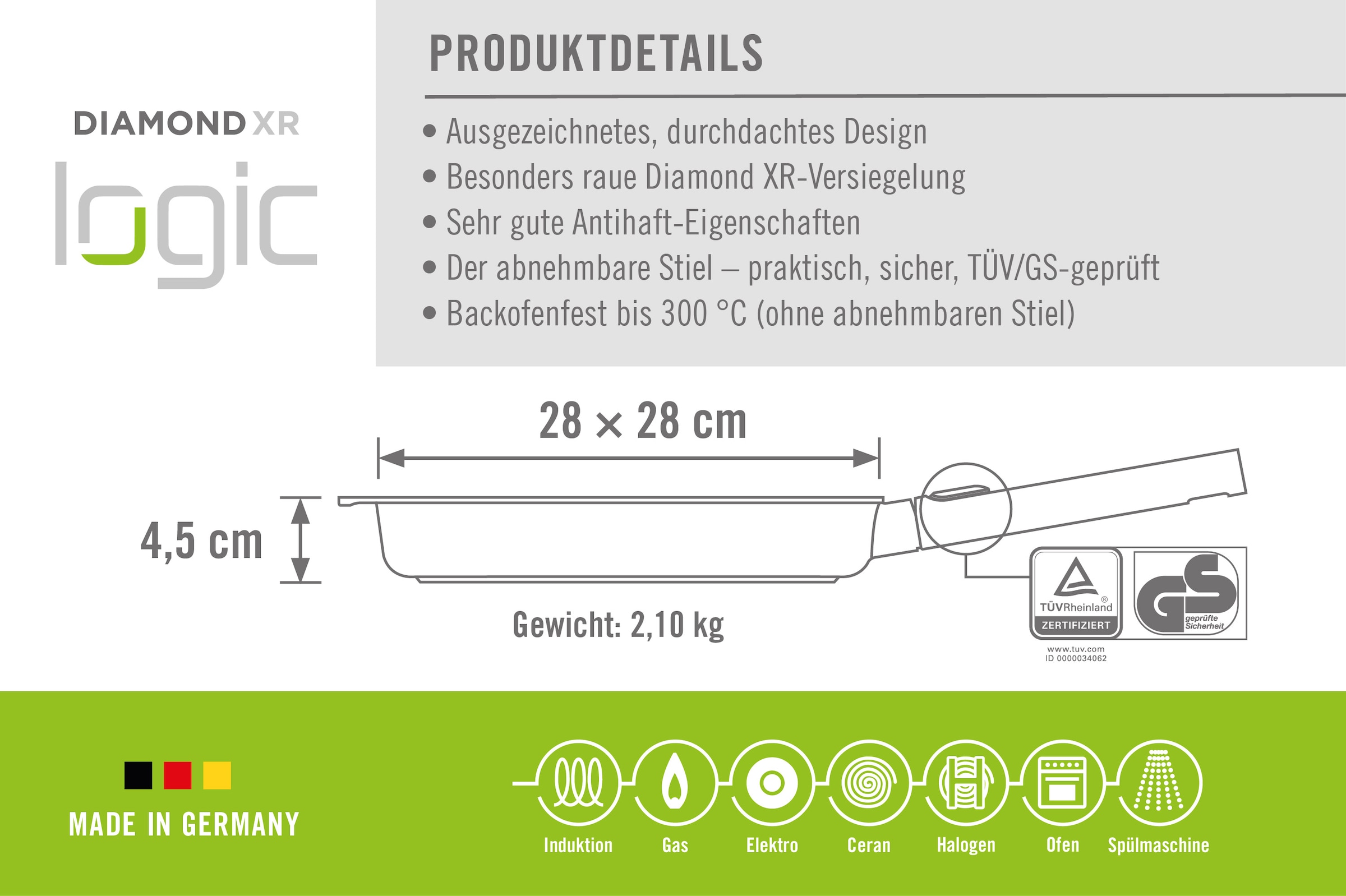 WOLL MADE IN GERMANY Grillpfanne »Logic inkl. Deckel« Aluminiumguss Set, 2 tlg. tlg. Abnehmbarer Stiel