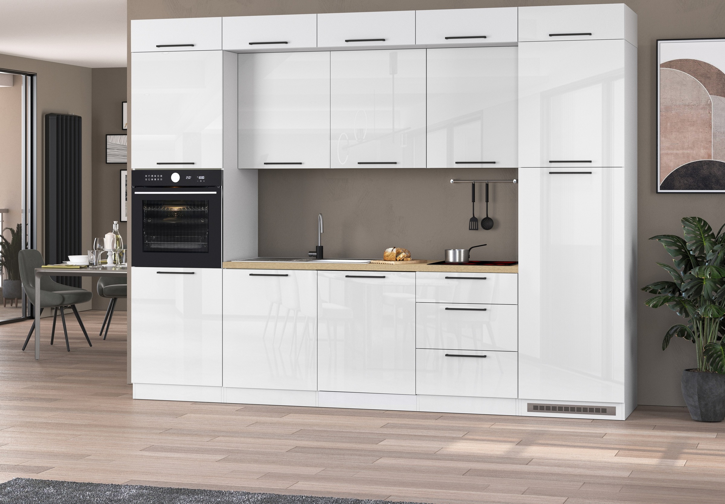KOCHSTATION Küchenzeile "Luna, Einbauküche, Zeilenküche, mit Soft-Close Funktion, Made in Italy" Breite 300 cm ohne E-Geräte, mit Spüle+Siphon und Aufsatz