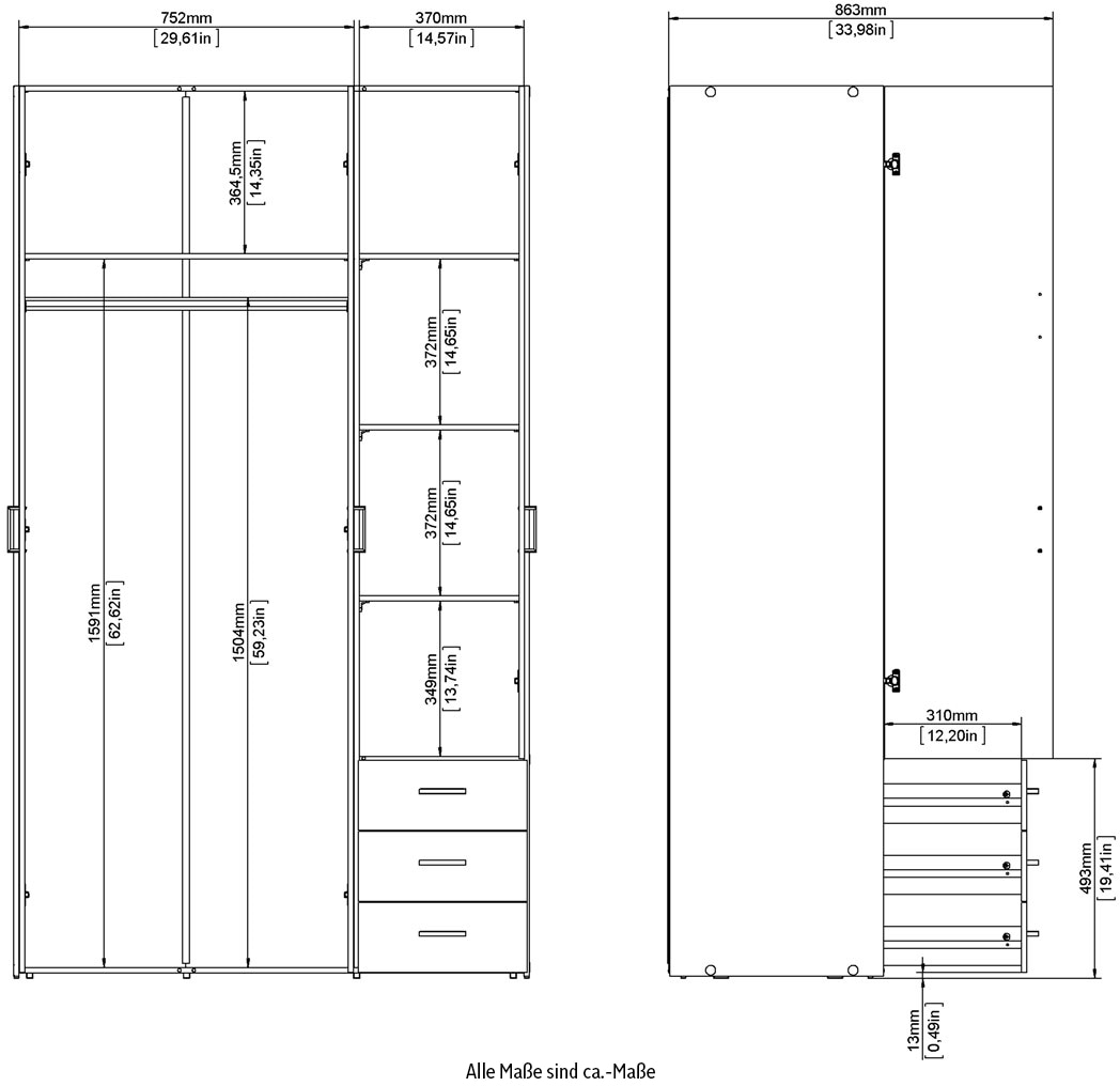 Home affaire Kinderkleiderschrank, Mit viel Stauraum, graue Stangengriffe, Gr. ca. 200,4 x 115,8 x 49,5 cm