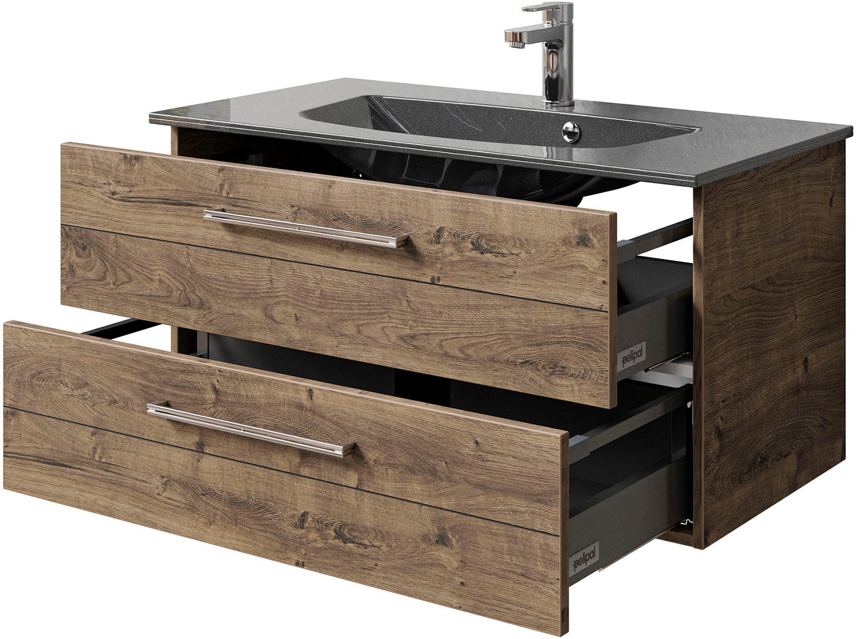 Saphir Badmöbel-Set »Serie 6025 2-teilig Mineralmarmor-Waschtisch mit LED-Spiegelschrank«, (2 St.), Waschplatz 97 cm breit, 2 Schubladen, 3 Spiegel-Türen, inkl Türdämpfer