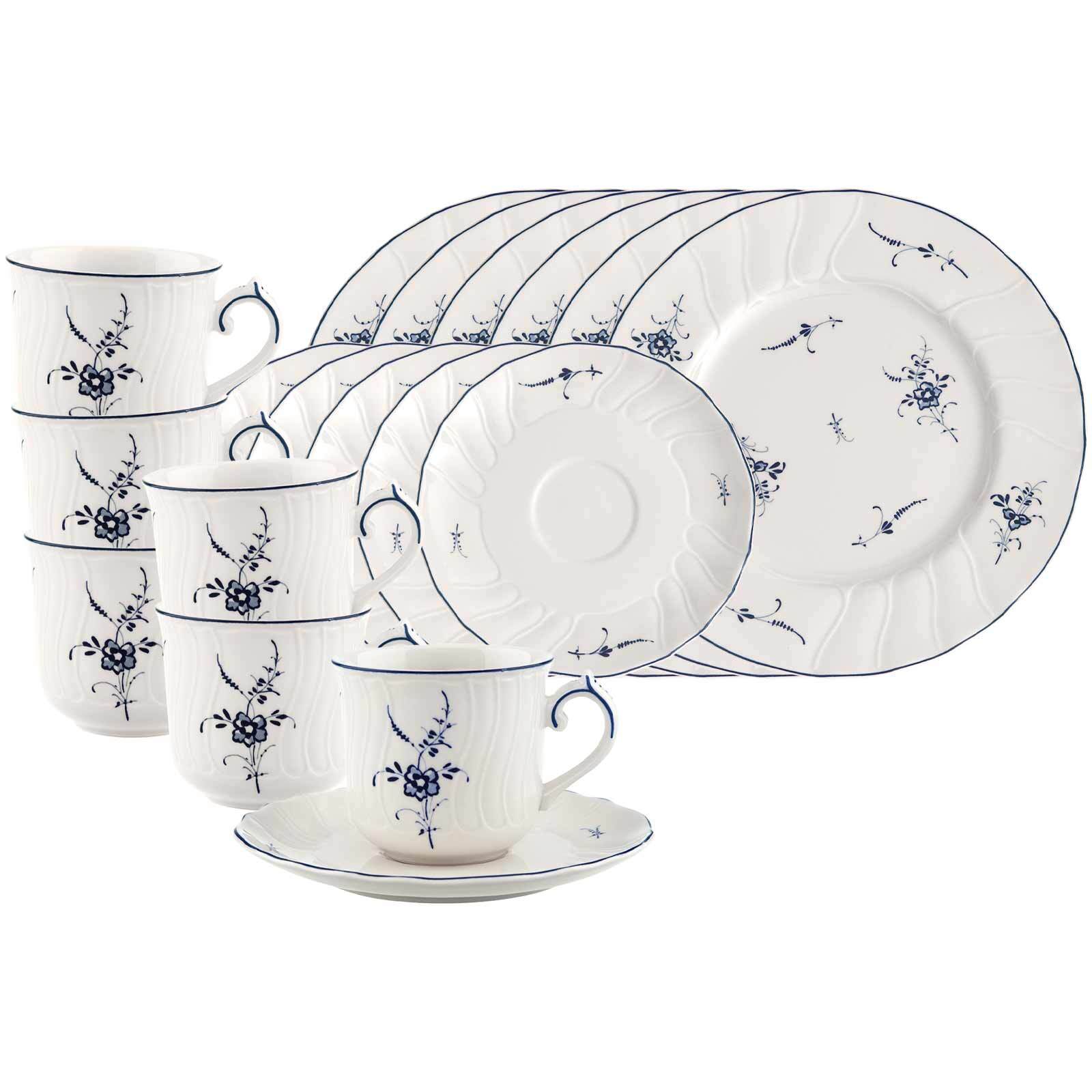 Villeroy & Boch Geschirr-Set "Kaffeeservice Vieux Luxembourg 18er Set weiß-blau" Spülmaschinengeeignet, Mikrowellengeeignet