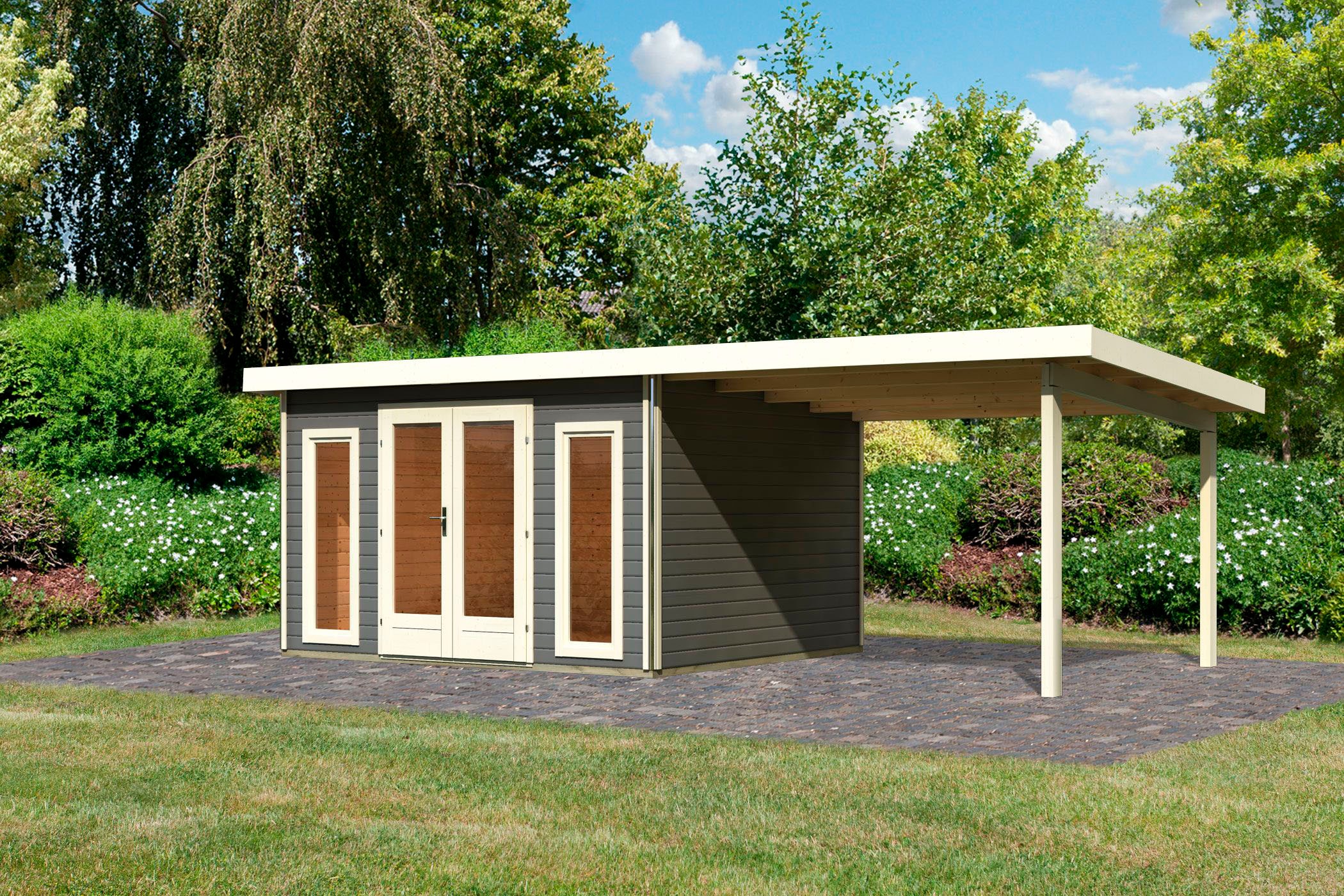 Karibu Gartenhaus "Rabensee 2" mit Anbaudach 3,3 m, terragrau günstig online kaufen