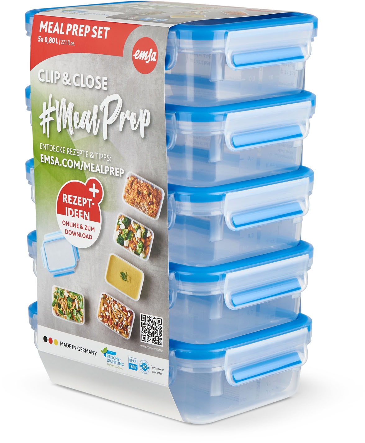 Emsa Frischhaltedose »Clip & Close Set, rechteckig, 100 % dichte Aufbewahrungsboxen« Set, 5 x 0,8 l Vorratsdosen mit jeweils einem Deckel, 10 tlg. spülmaschinen-, gefrier-, mikrowellenfest, Made in Germany