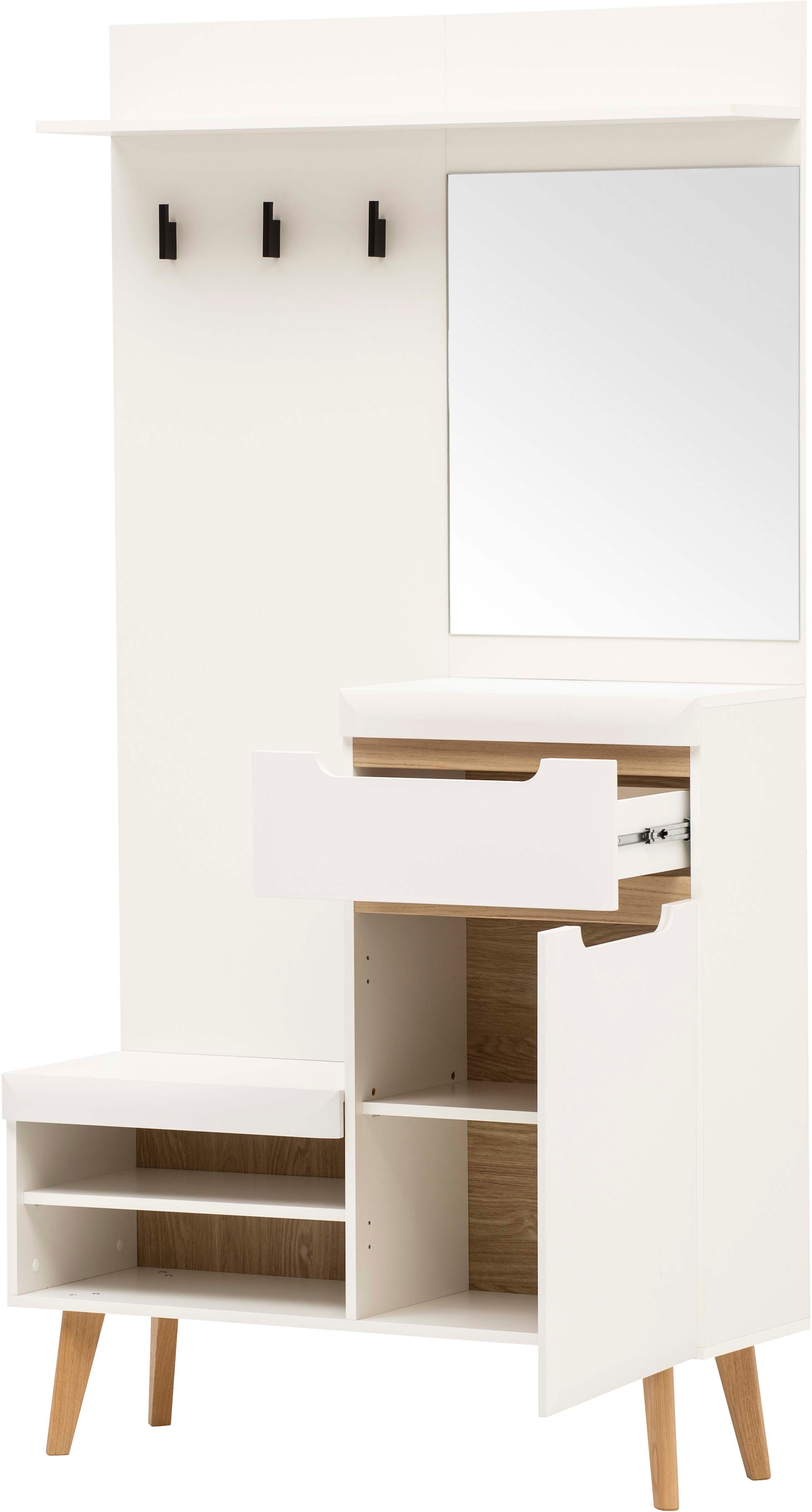 Home affaire Garderoben-Set »Torge, Garderobe mit Stauraum, Garderobenschrank im Scandic Design«, (Set, 2 St.), enthält Highboard und Garderobe mit Spiegel, in zwei Farben