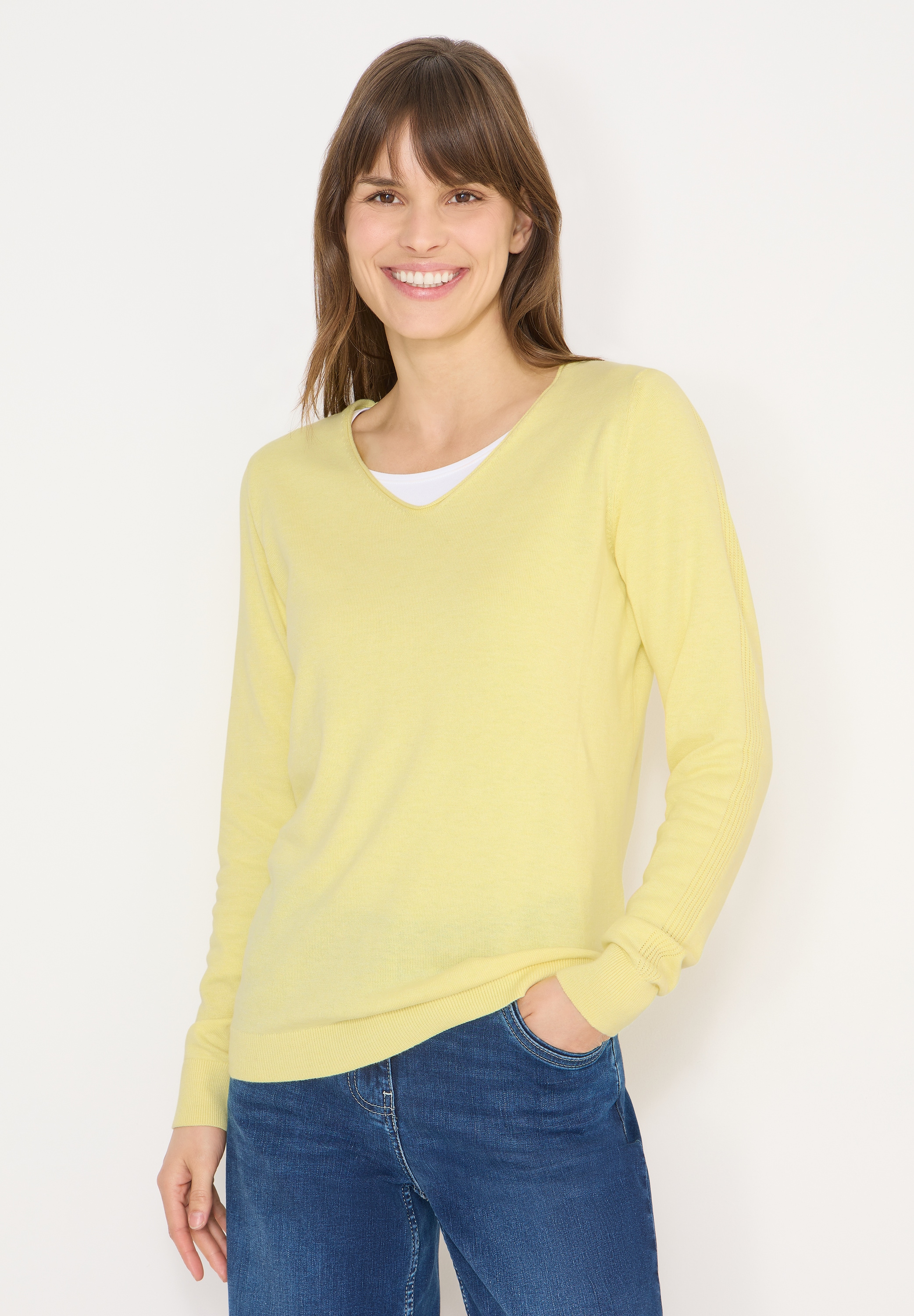 Strickpullover CECIL, Damen, Gr. XL (44), iced gelb melange, Strick, Obermaterial: 60% Baumwolle, 40% Viskose, unifarben, normal hüftbedeckend, V-Ausschnitt, Flachstrickbündchen, Pullover Strickpullover, mit V-Ausschnitt