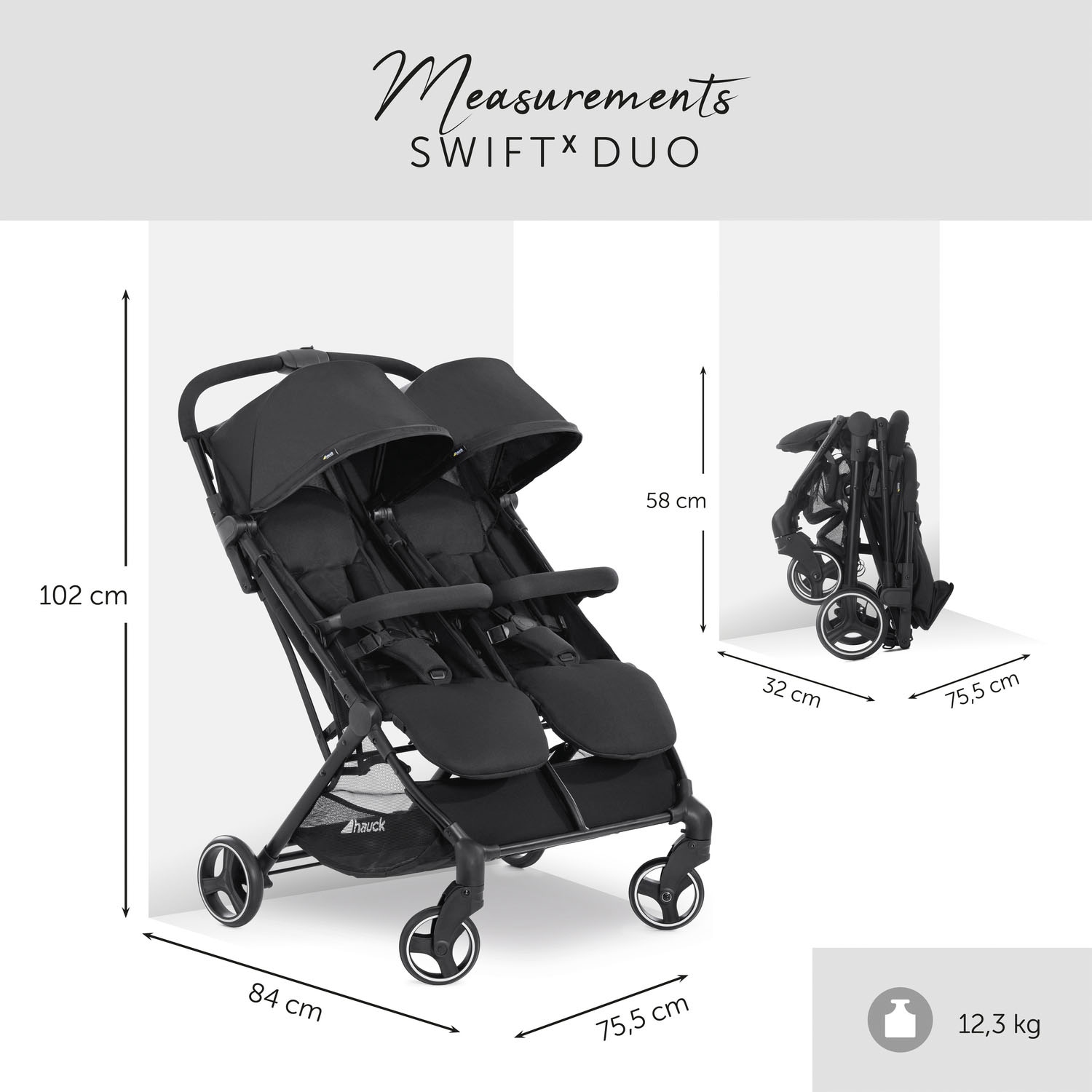 Hauck Zwillingsbuggy »Swift X Duo, black«, 30 kg, extrem schmal