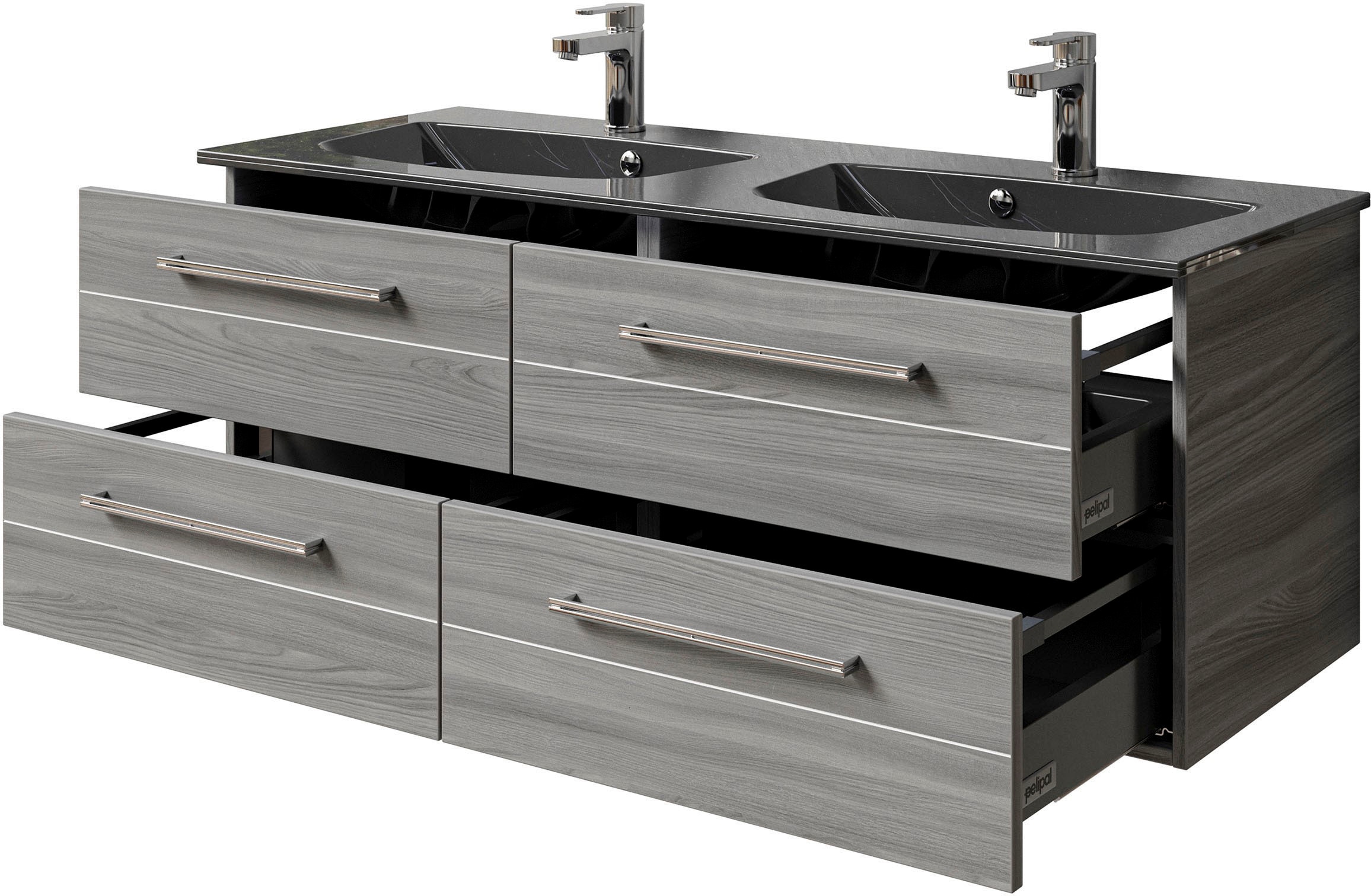 Saphir Badmöbel-Set »Serie 6025 2-teilig Mineralmarmor-Waschtisch mit LED-Spiegelschrank«, (2 St.), Waschplatz 132cm breit, 4 Schubladen, 2 Spiegel-Türen, inkl Türdämpfer