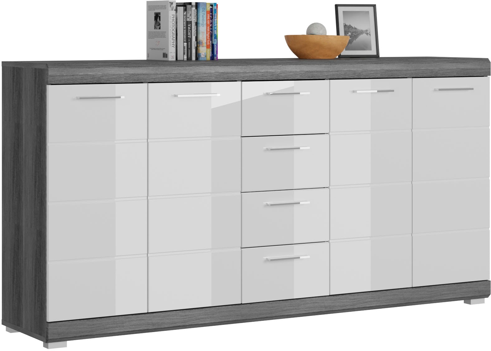 Home affaire Kommode "SIENA, Breite 165cm, 4 Türen, 4 Schubkästen, 8 Einlegeböden, 12 Fächer" hochwertige Rillenfräsung in MDF Front, Schuhkommode, Schuhschrank, Anrichte, Sideboard