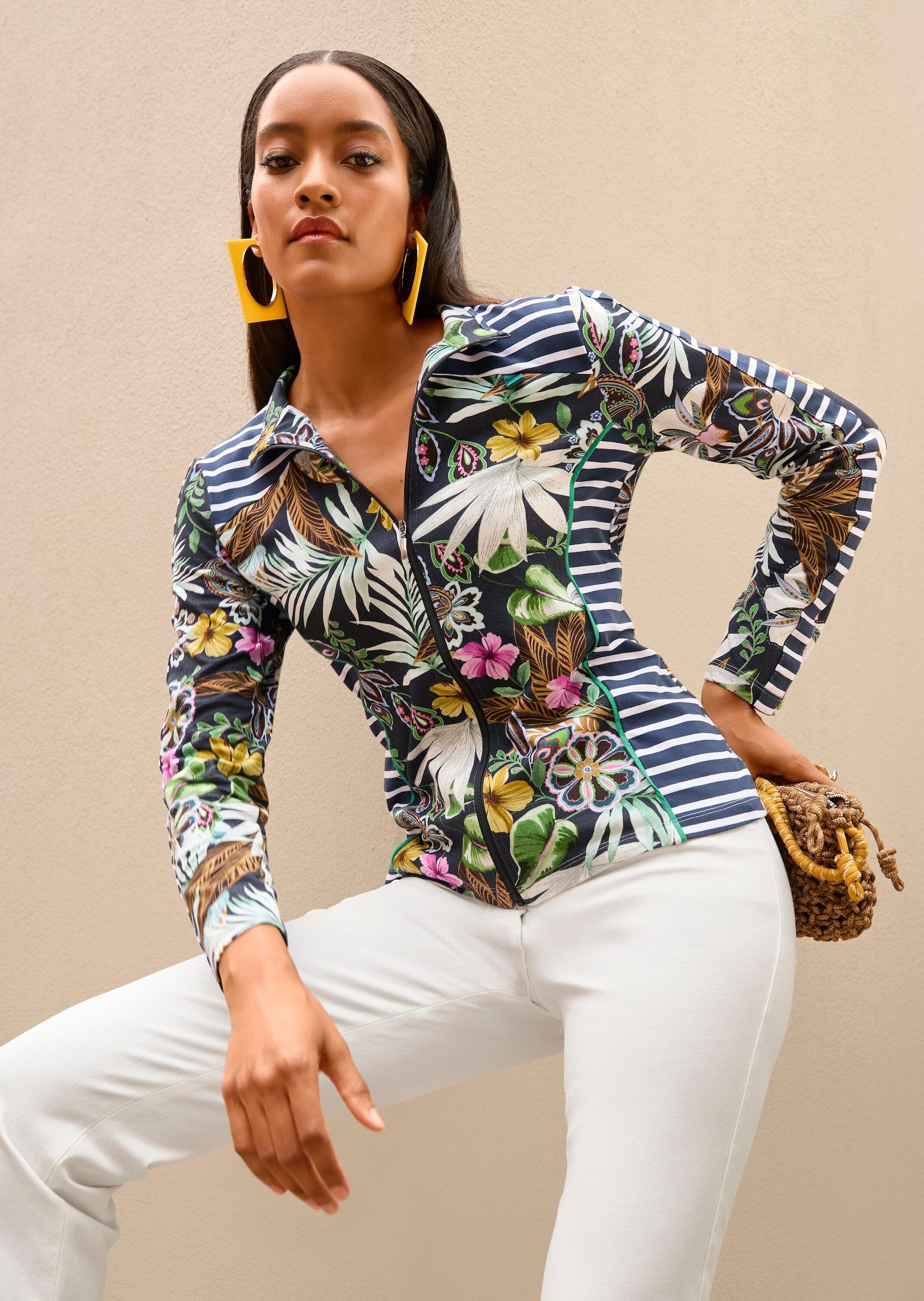 MADELEINE Langarmshirt »Shirtjacke Florale Baumwoll-Jacke mit Streifen, Langarm« Reißverschluss