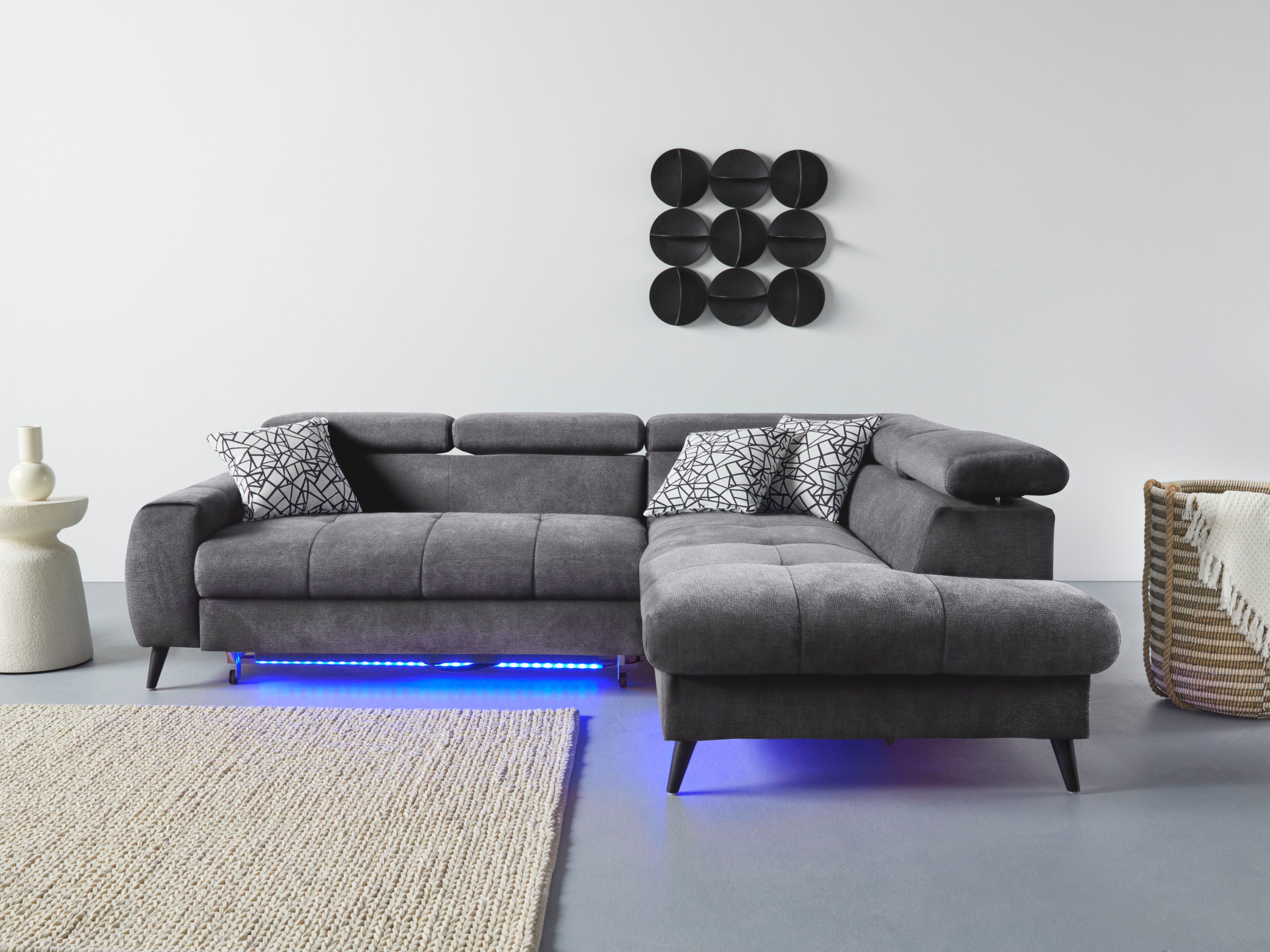 COTTA Ecksofa »Mia L-Form mit 3 Zierkissen«, wahlweise mit Bettfunktion, Bettkasten, Beleuchtung & Wireless-Charger