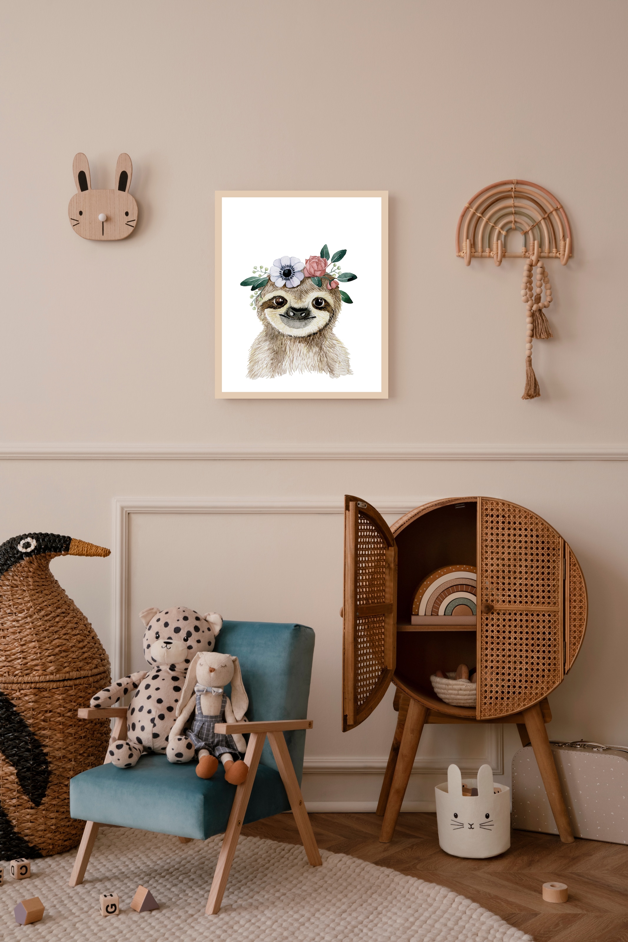 Lüttenhütt Bild mit Rahmen "oder Poster, Faultier mit Blumenkranz", Fantasy günstig online kaufen