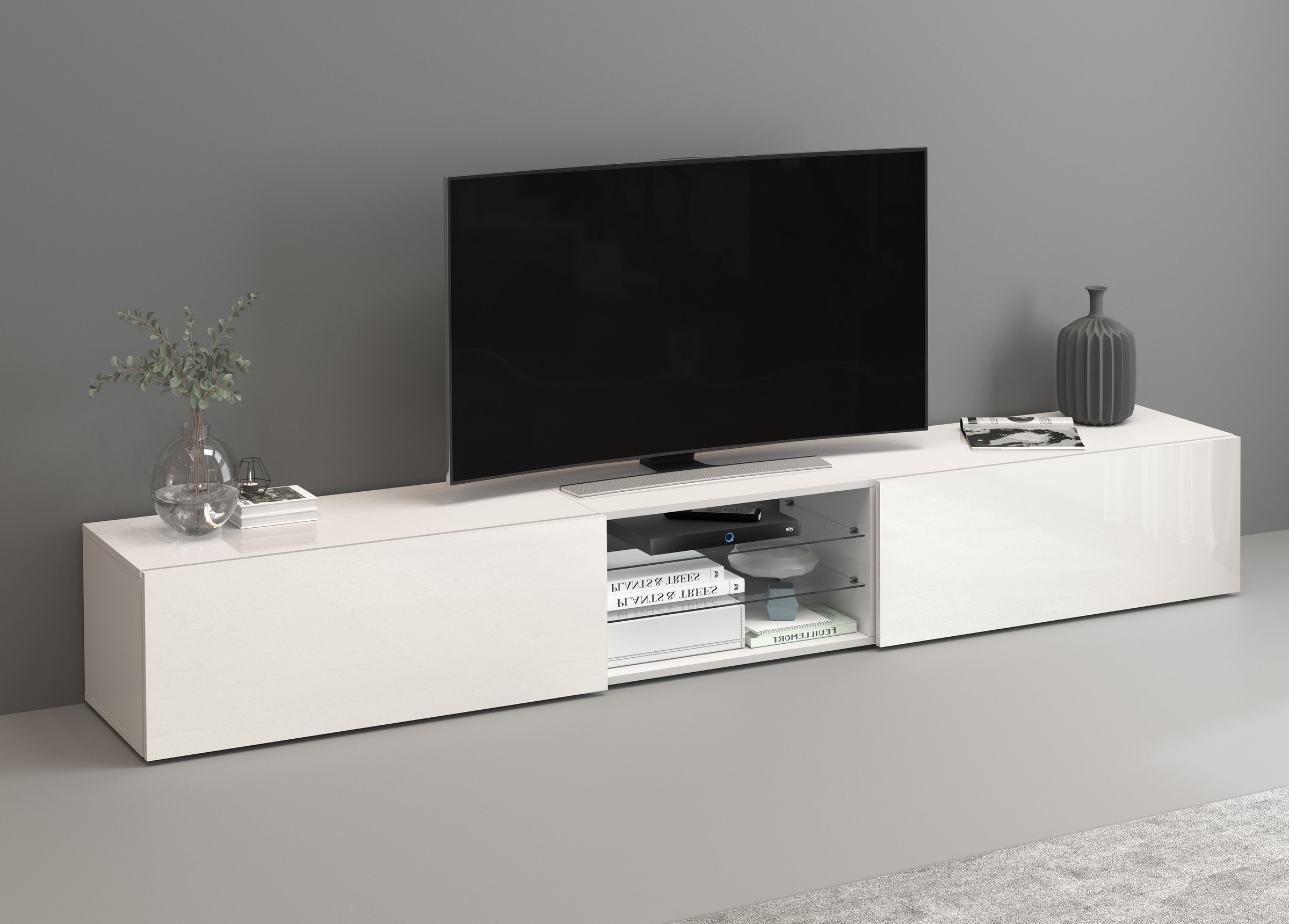 INOSIGN Lowboard »Egypt,Lowboard,TV-Kommode,TV-Möbel,TV-Bank«, mit 2 Klappen, 2 Glasböden,kompl. Hochgl. lackiert (B/T/H)240x38x35 cm