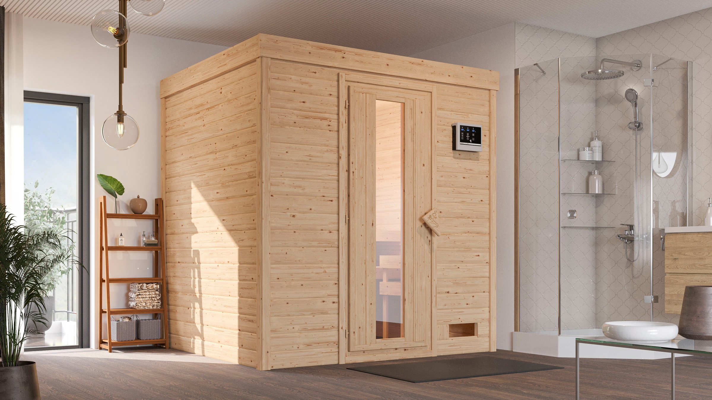 Karibu Sauna »"Collin" naturbelassen mit Ofen 3,6 kW ext. Strg.«, aus hochwertiger nordischer Fichte