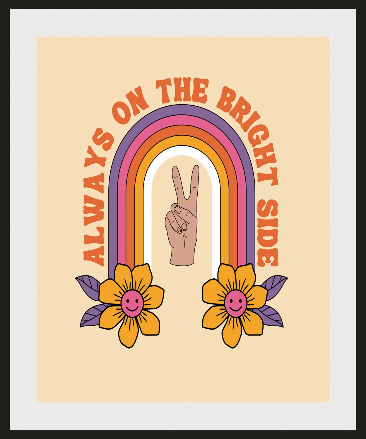 queence Bild »Bright Side«, Blumen-Blumenbilder-Schriftzug-Motivationsbilder-Smileys-Peace-Zeichen, (1 St.), gerahmt