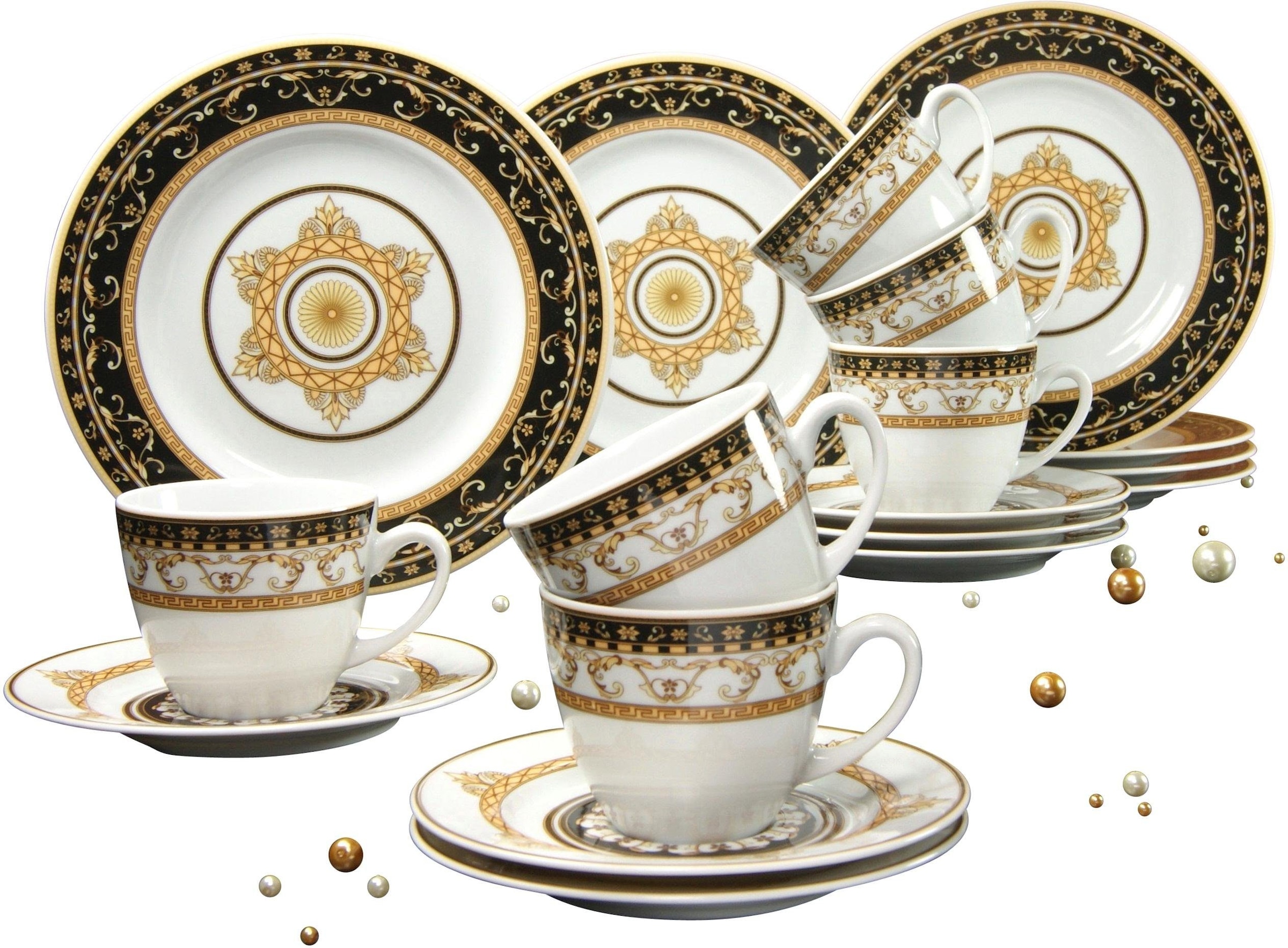 CreaTable Kaffeeservice "Geschirr-Set Majestosa", (Set, 18 tlg., Kaffeegeschirr für 6 Personen), Service, Dekor schwarz 