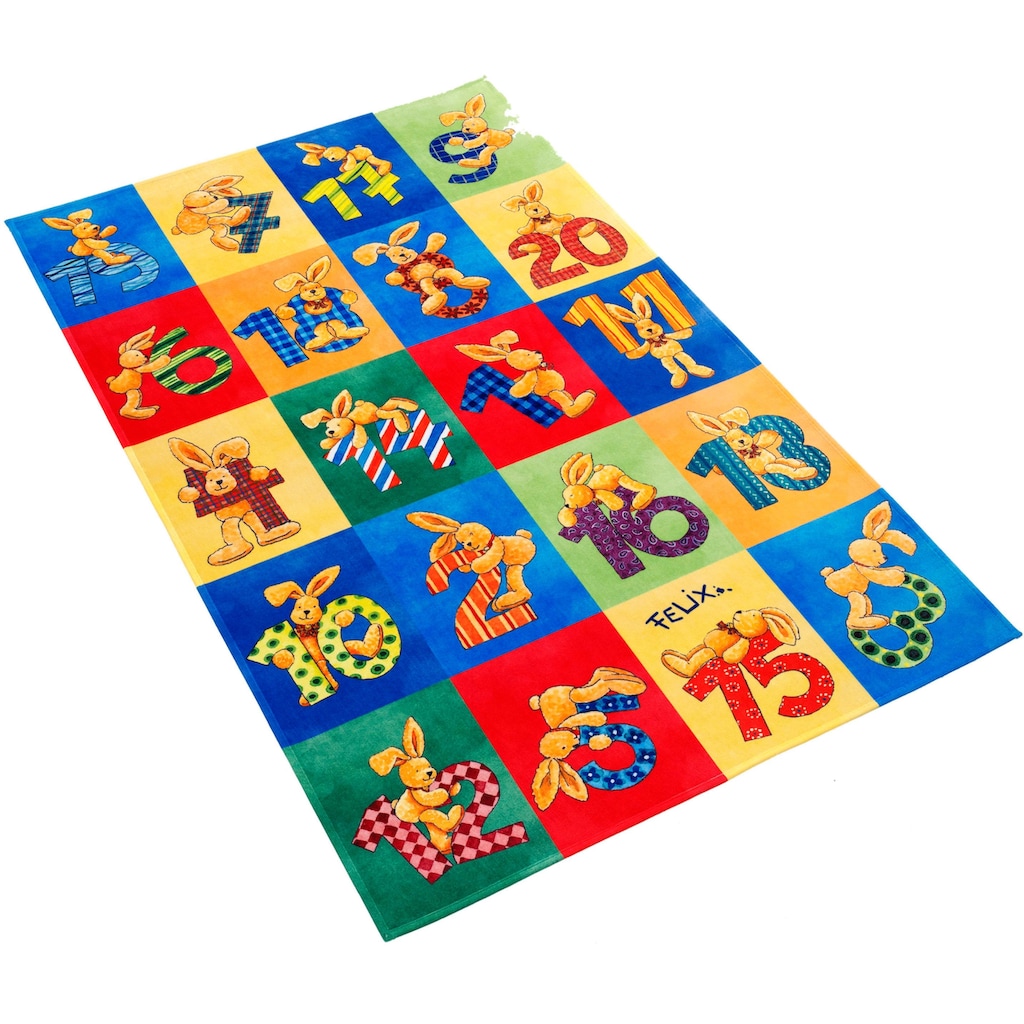 Felix der Hase Kinderteppich »FE-414«, rechteckig, Stoff Druck, Patchwork Design, Motiv Zahlen & Hasen, weiche Mircofaser