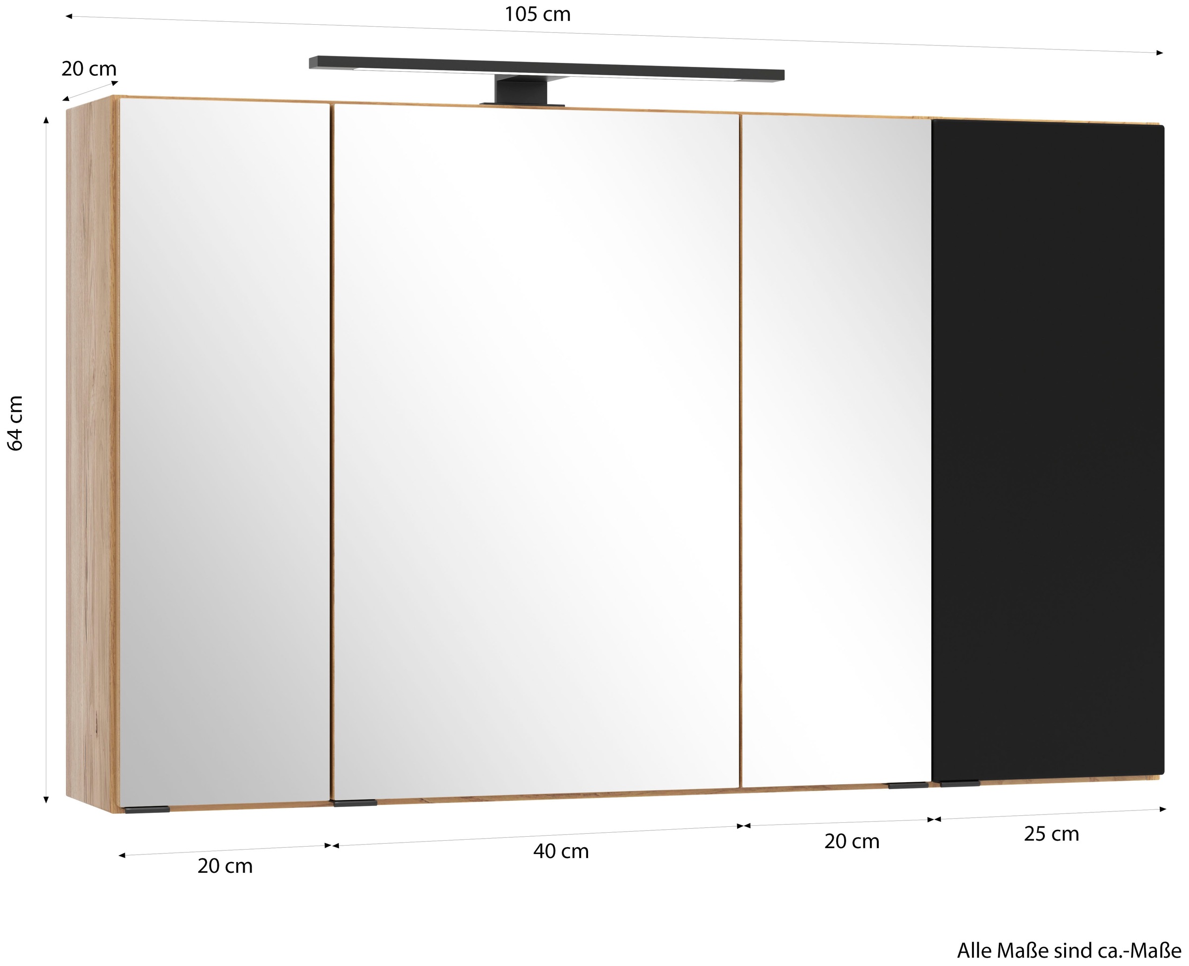 welltime Spiegelschrank »MAILAND, gedämpfte Scharniere, LED-Aufbauleuchte« Maße (B/H/T): ca. 105/64/20 cm,  Wildeiche/matt schwarz, LED-Aufbauleuchte, gedämpfte Scharniere